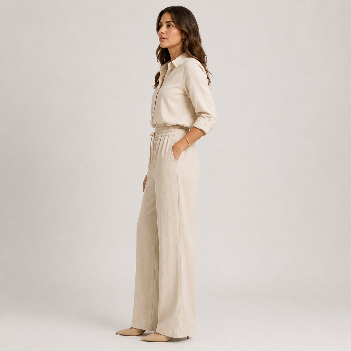 Wide Leg Linen Look Trousers, Elastic Waist Relaxed