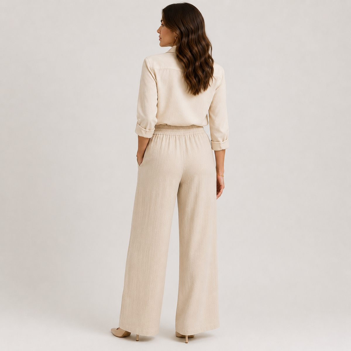 Wide Leg Linen Look Trousers, Elastic Waist Relaxed