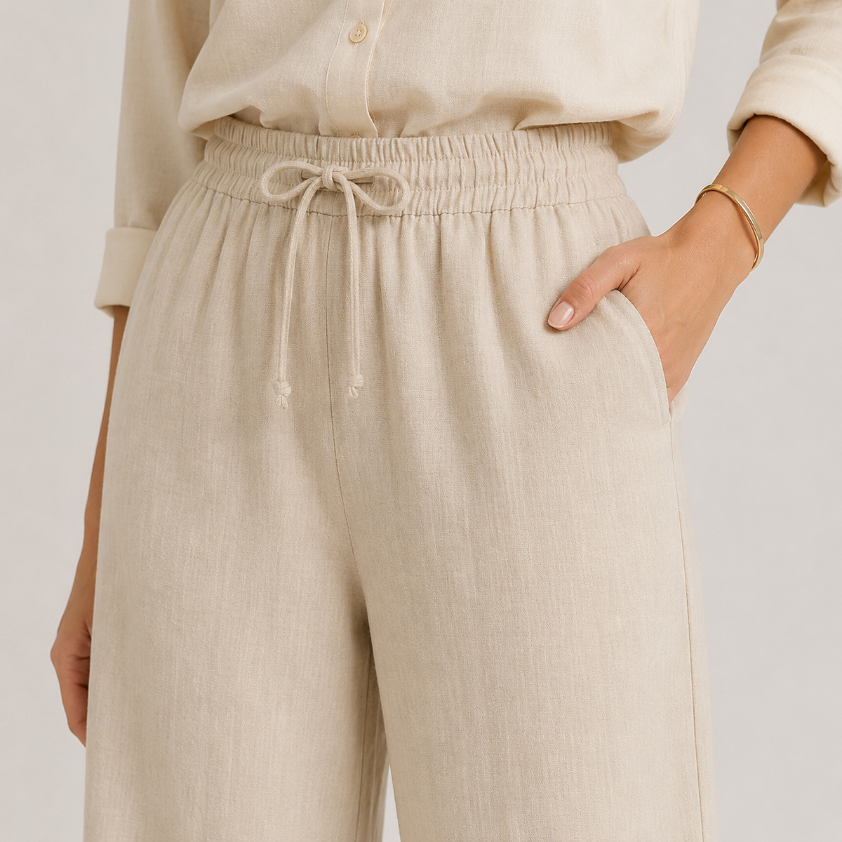 Wide Leg Linen Look Trousers, Elastic Waist Relaxed