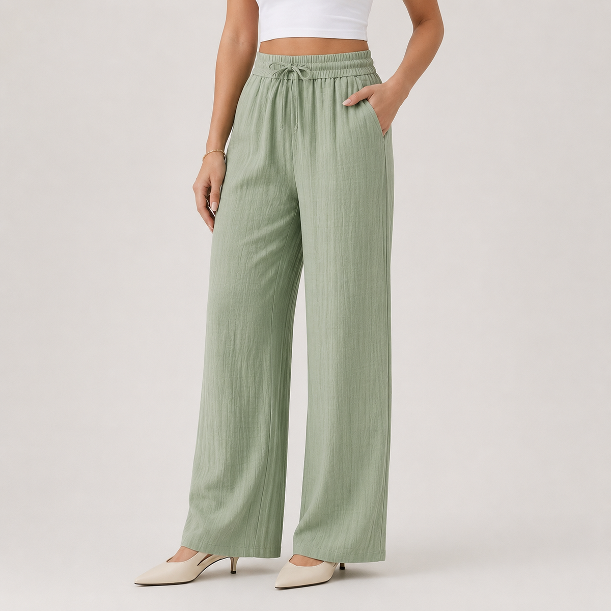 Wide Leg Linen Look Trousers, Elastic Waist Relaxed