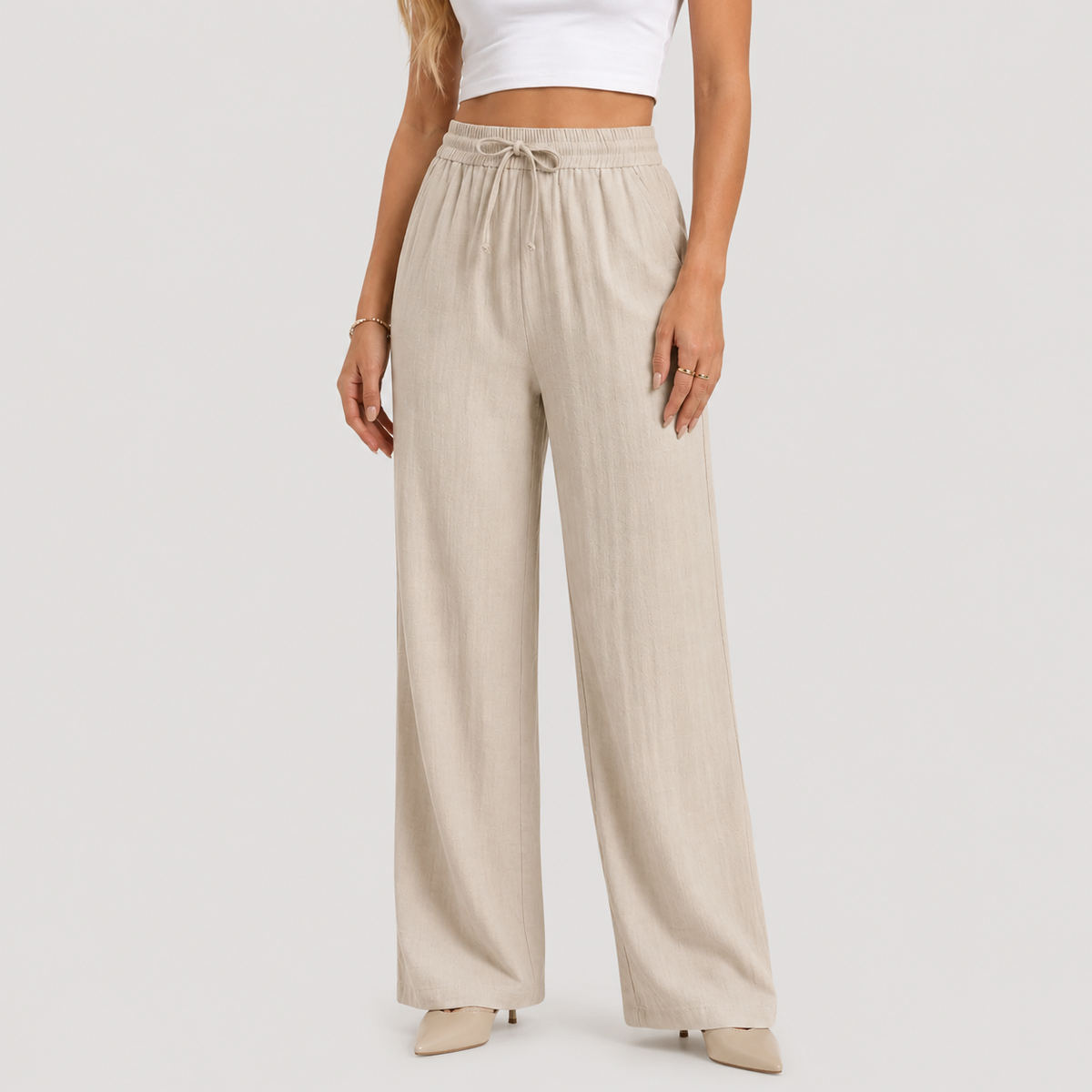 Wide Leg Linen Look Trousers, Elastic Waist Relaxed