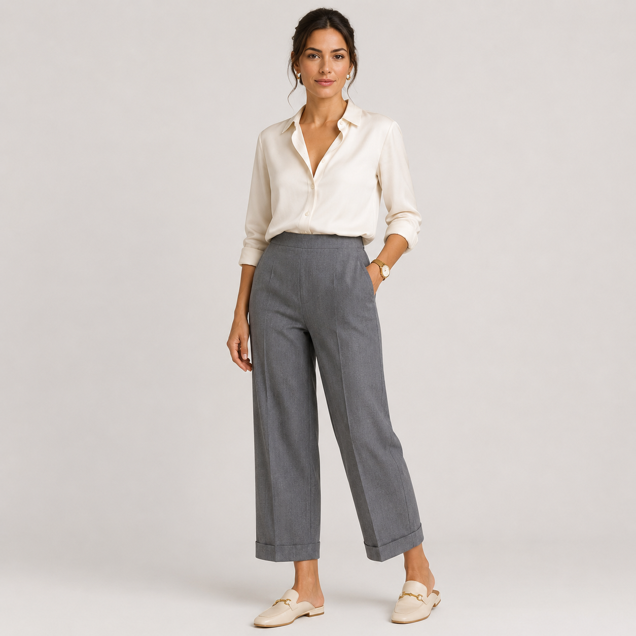 High Rise Wide Leg Trousers, Tailored Drape Office Pants
