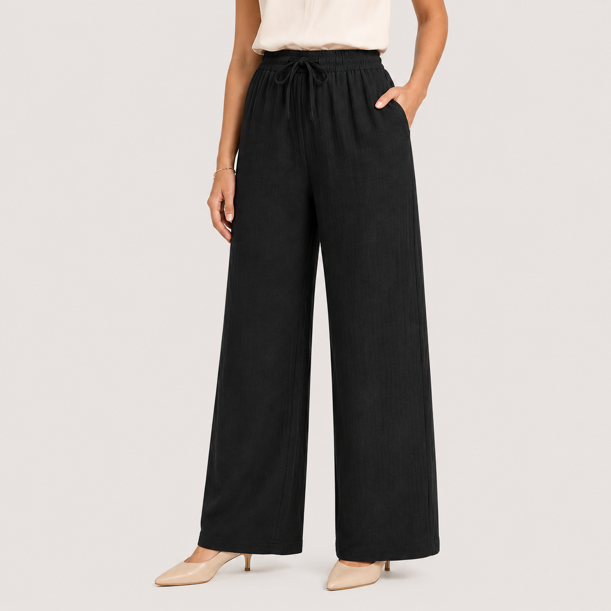 Wide Leg Linen Look Trousers, Elastic Waist Relaxed