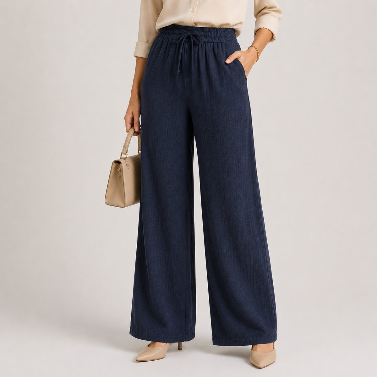 Wide Leg Linen Look Trousers, Elastic Waist Relaxed