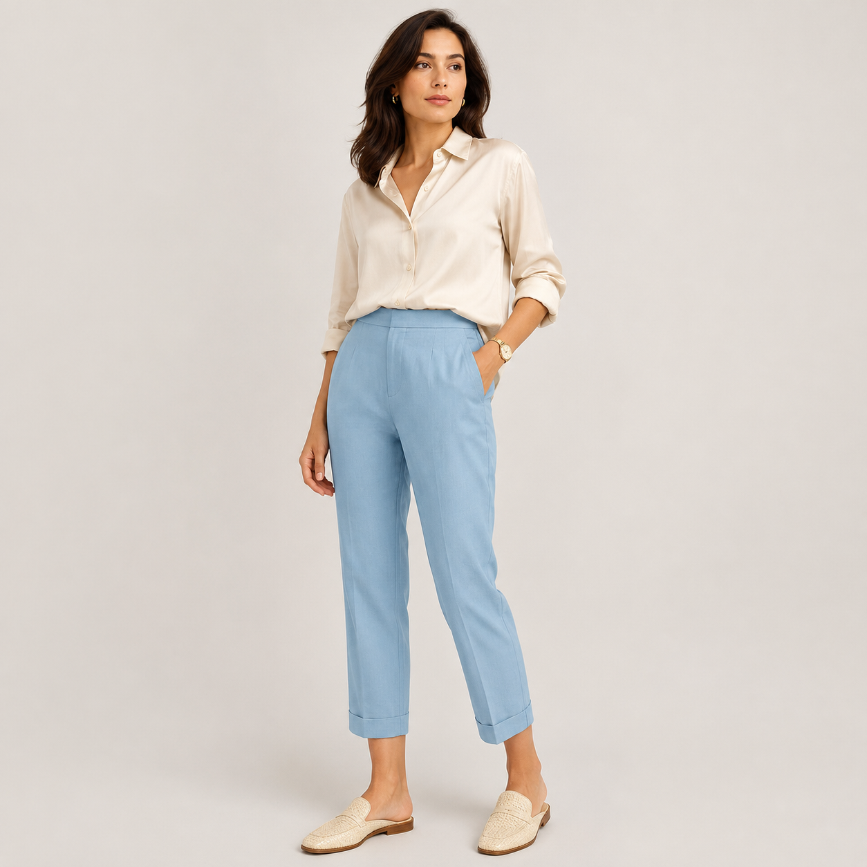 High Rise Wide Leg Trousers, Tailored Drape Office Pants