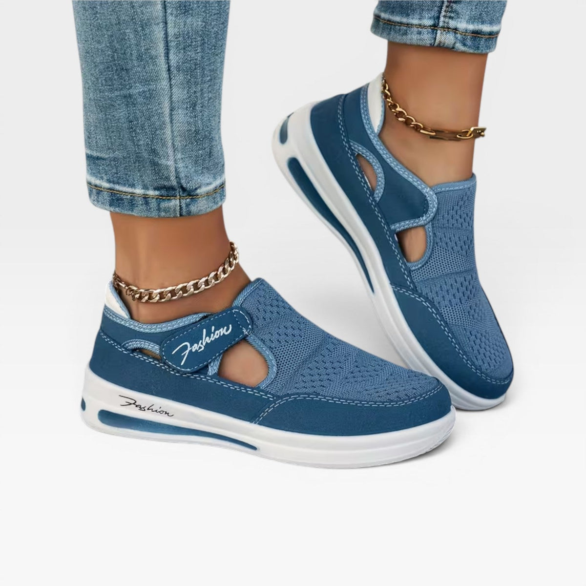 Velcro Strap Platform Trainers, Cutout Mesh Walk Shoes