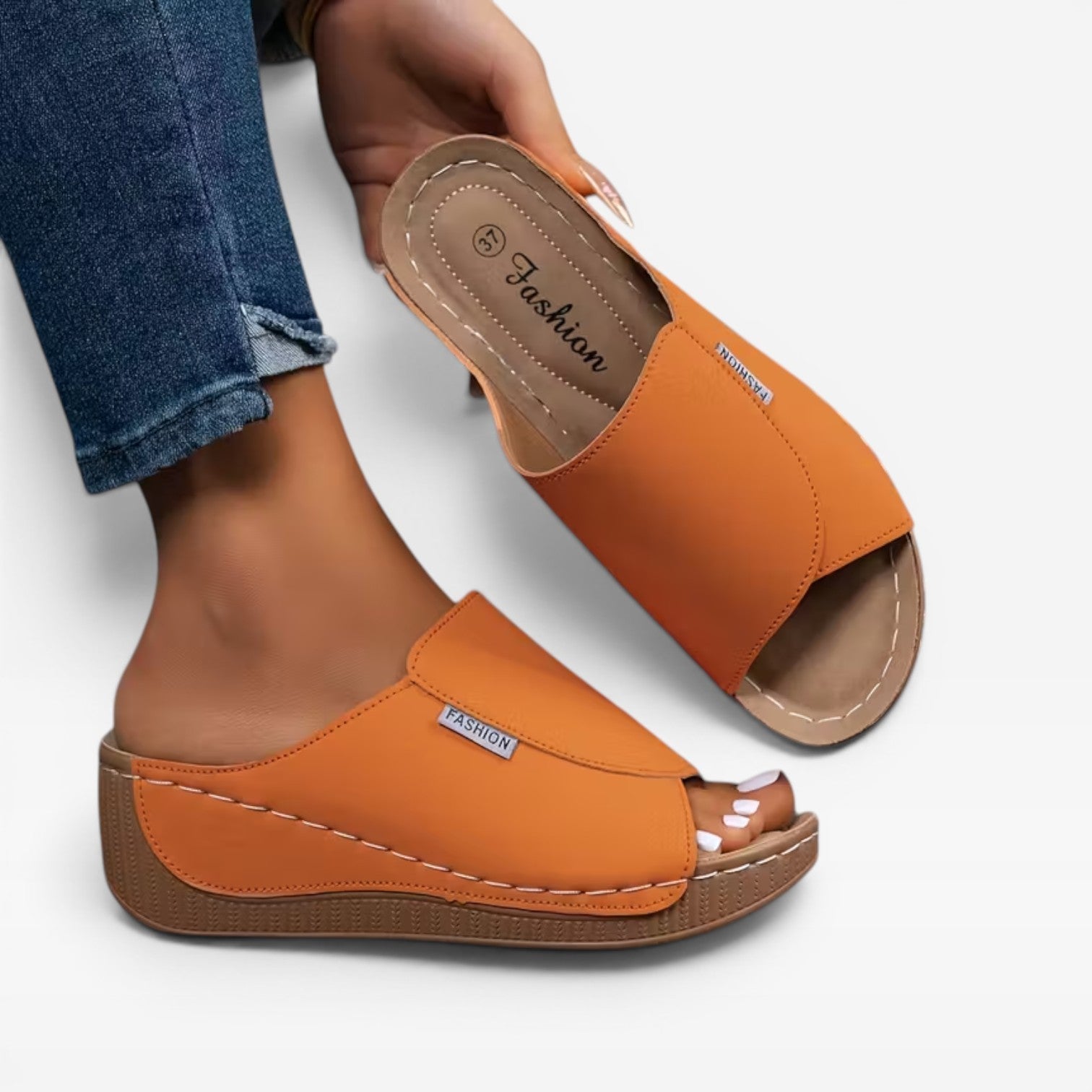 Leather Wedge Slide Sandals, Open Toe Cushioned Footbed