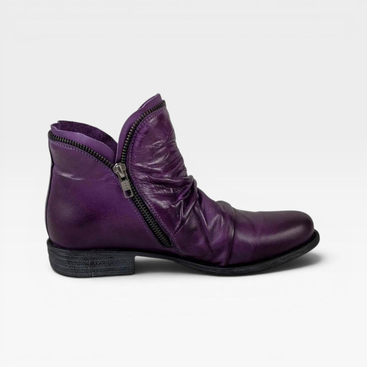 Slouchy Ankle Boots, Side Zip Low Block Heel Leather