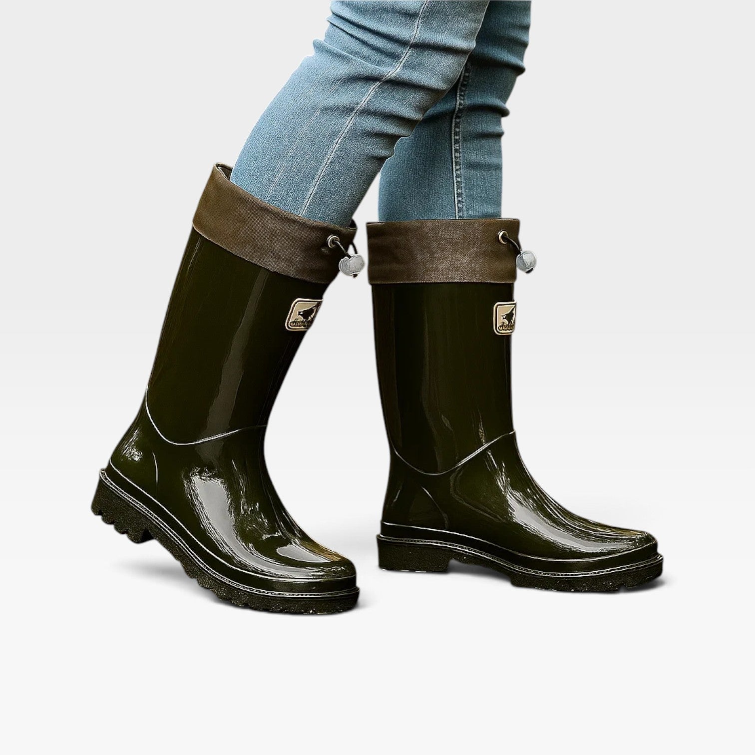 Tall Rain Boots, Glossy Waterproof Rubber Drawstring