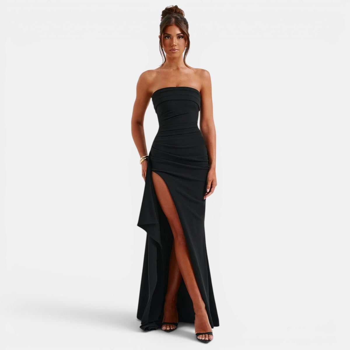Ruched Strapless Maxi Dress with High Split, Black