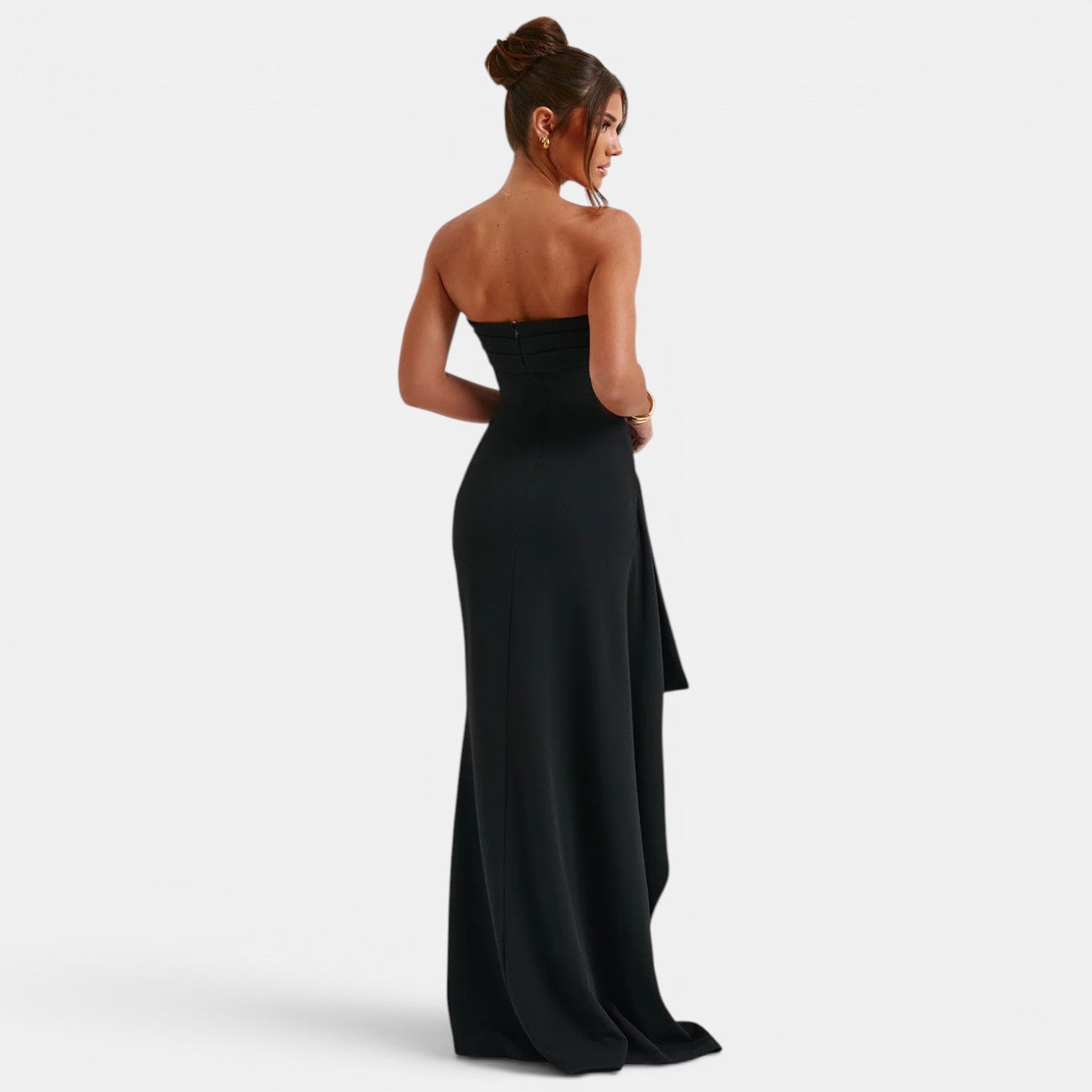 Ruched Strapless Maxi Dress with High Split, Black
