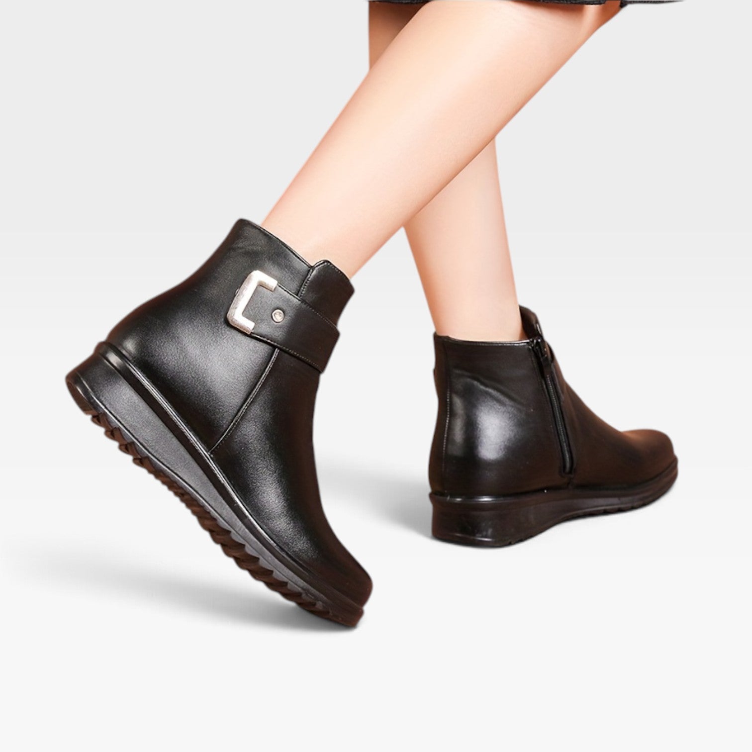 Wedge Ankle Boots, Buckle Strap Side Zip Cushioned Sole