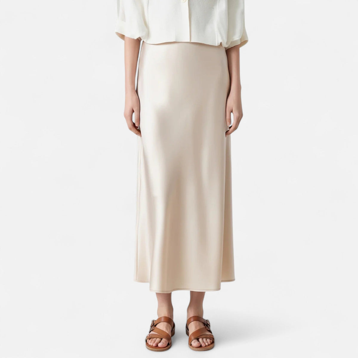 Pure Silk Midi Skirt, Fluid Drape with Natural Sheen