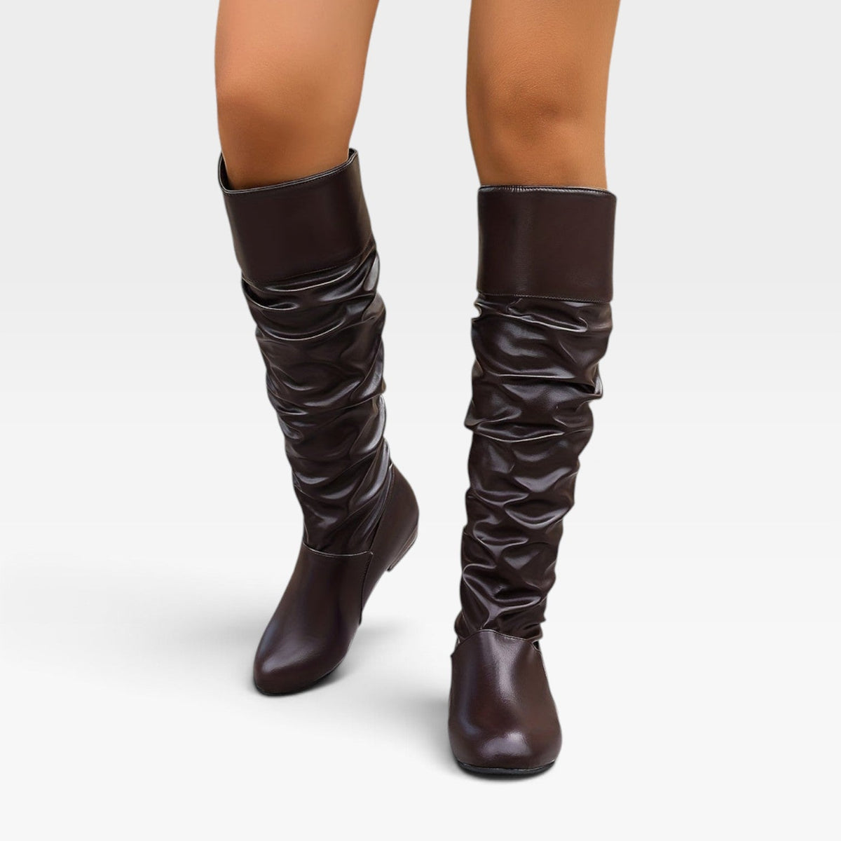 Knee High Slouch Boots, Ruched Calf and Low Block Heel