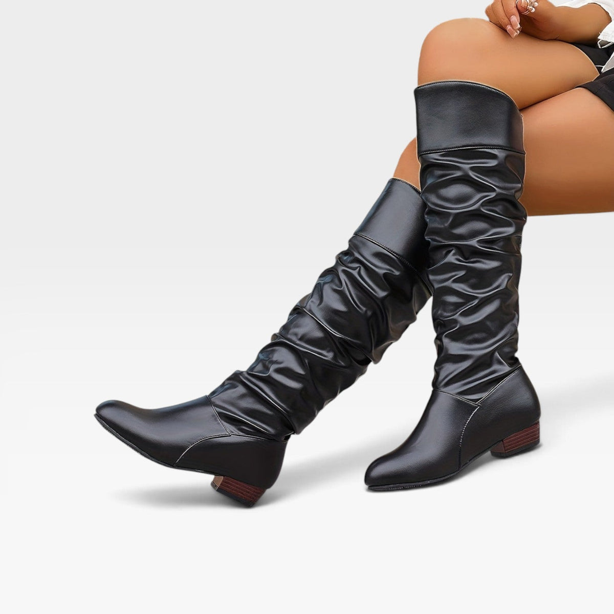 Knee High Slouch Boots, Ruched Calf and Low Block Heel