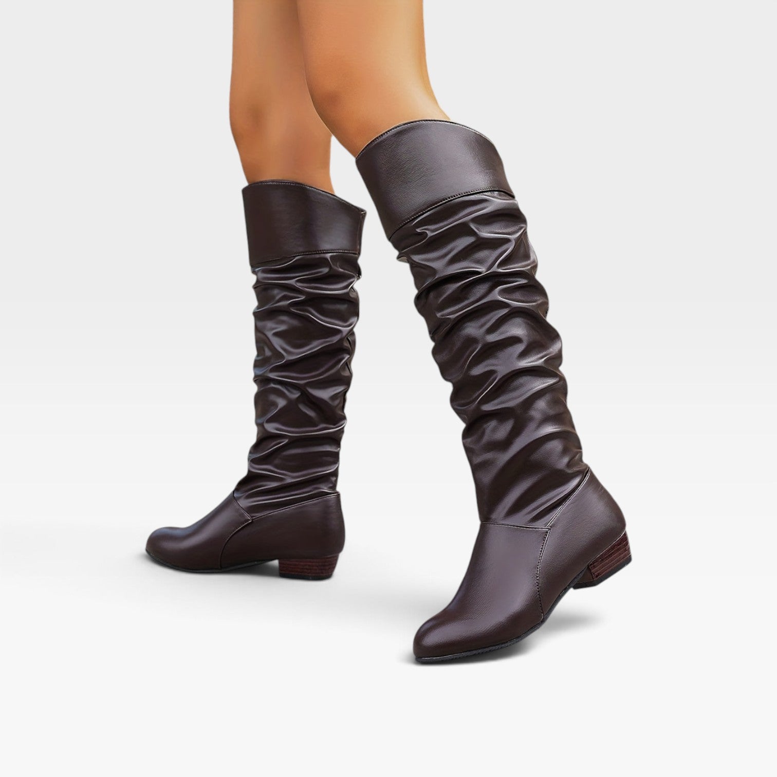 Knee High Slouch Boots, Ruched Calf and Low Block Heel