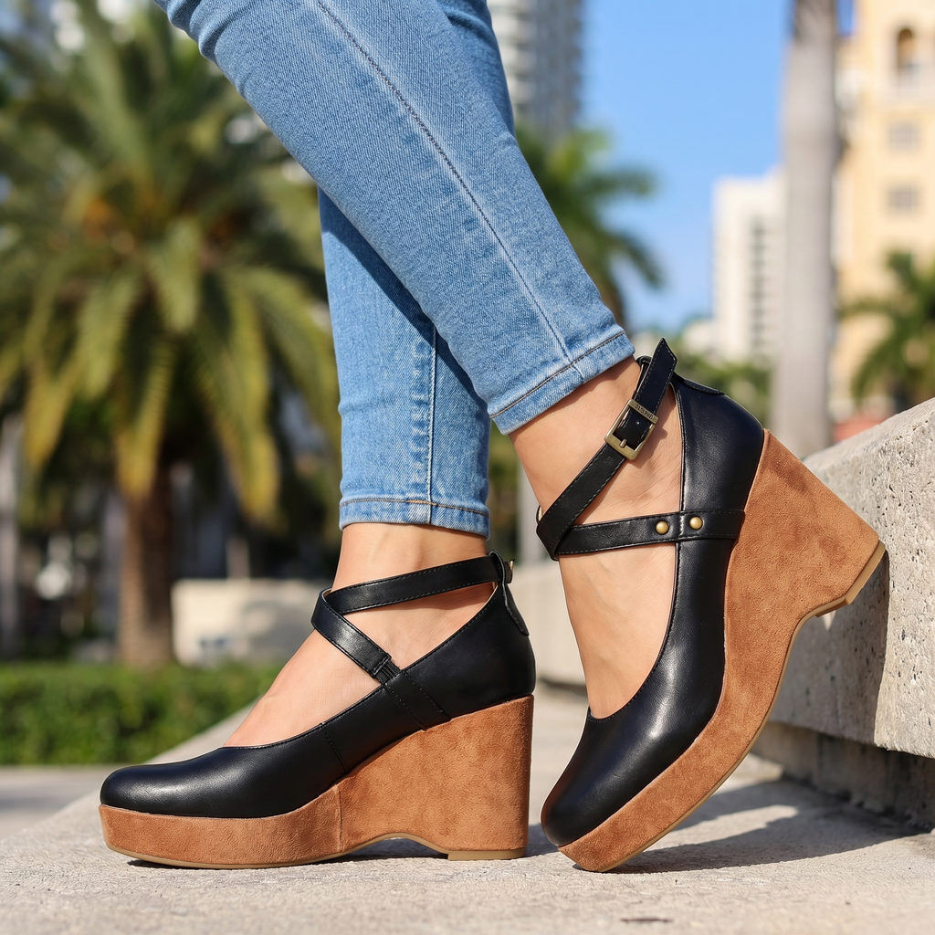 Cross Strap Wedge Sandals, Closed Toe Leather Platform