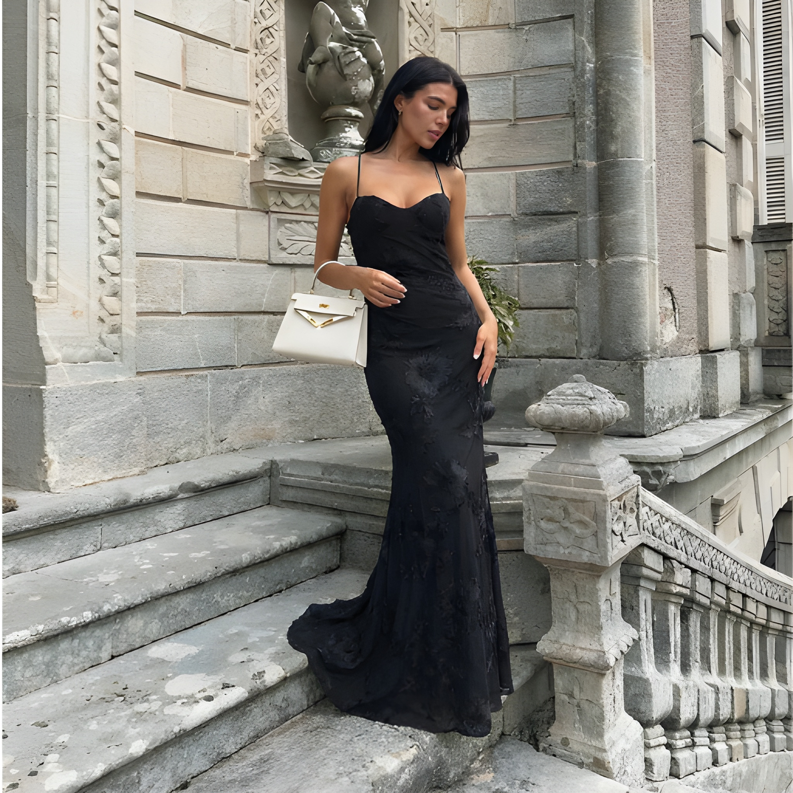 Lace Maxi Dress, Open Back Floor Length Evening Gown