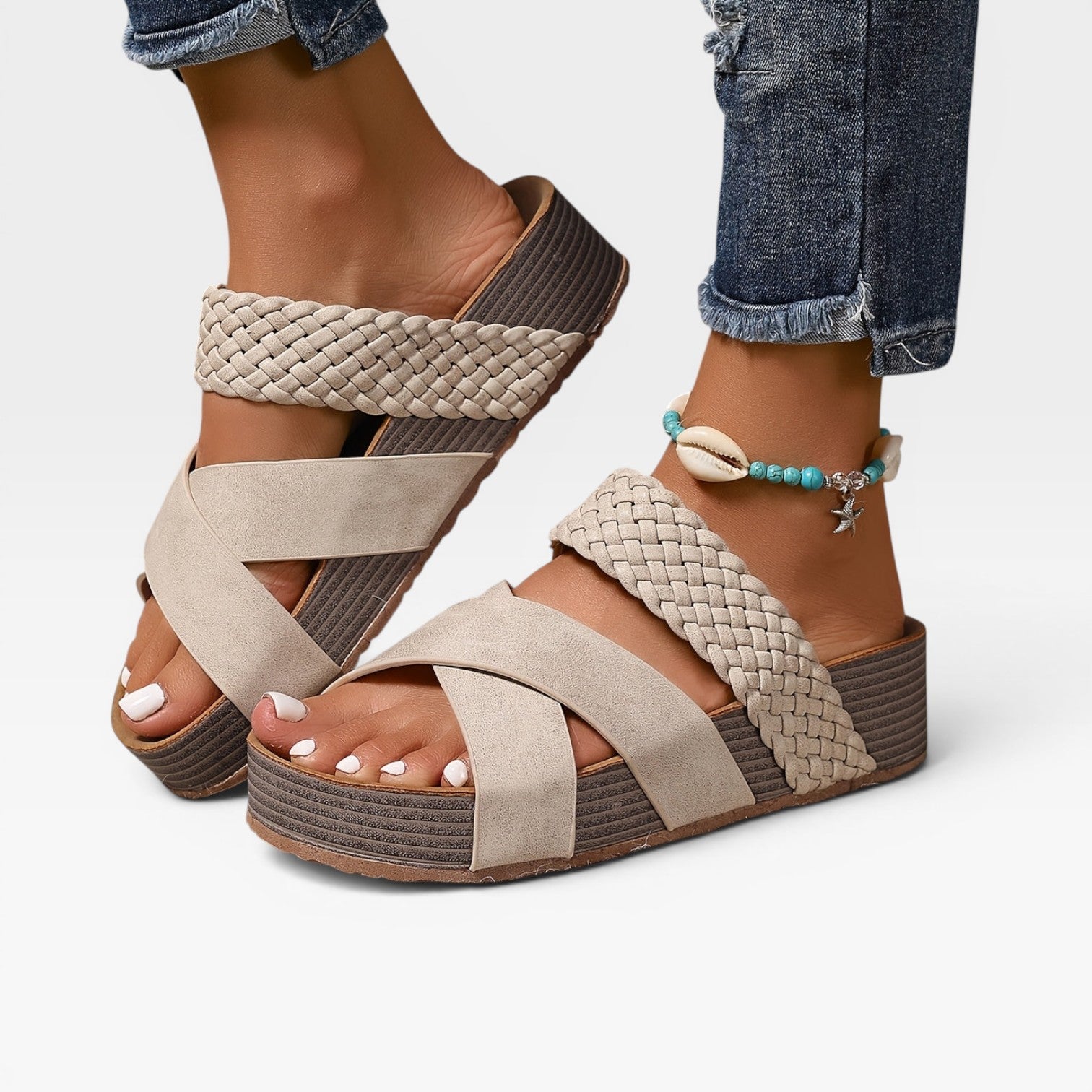 Woven Cross Strap Wedge Sandals, Leather Open Toe Mules