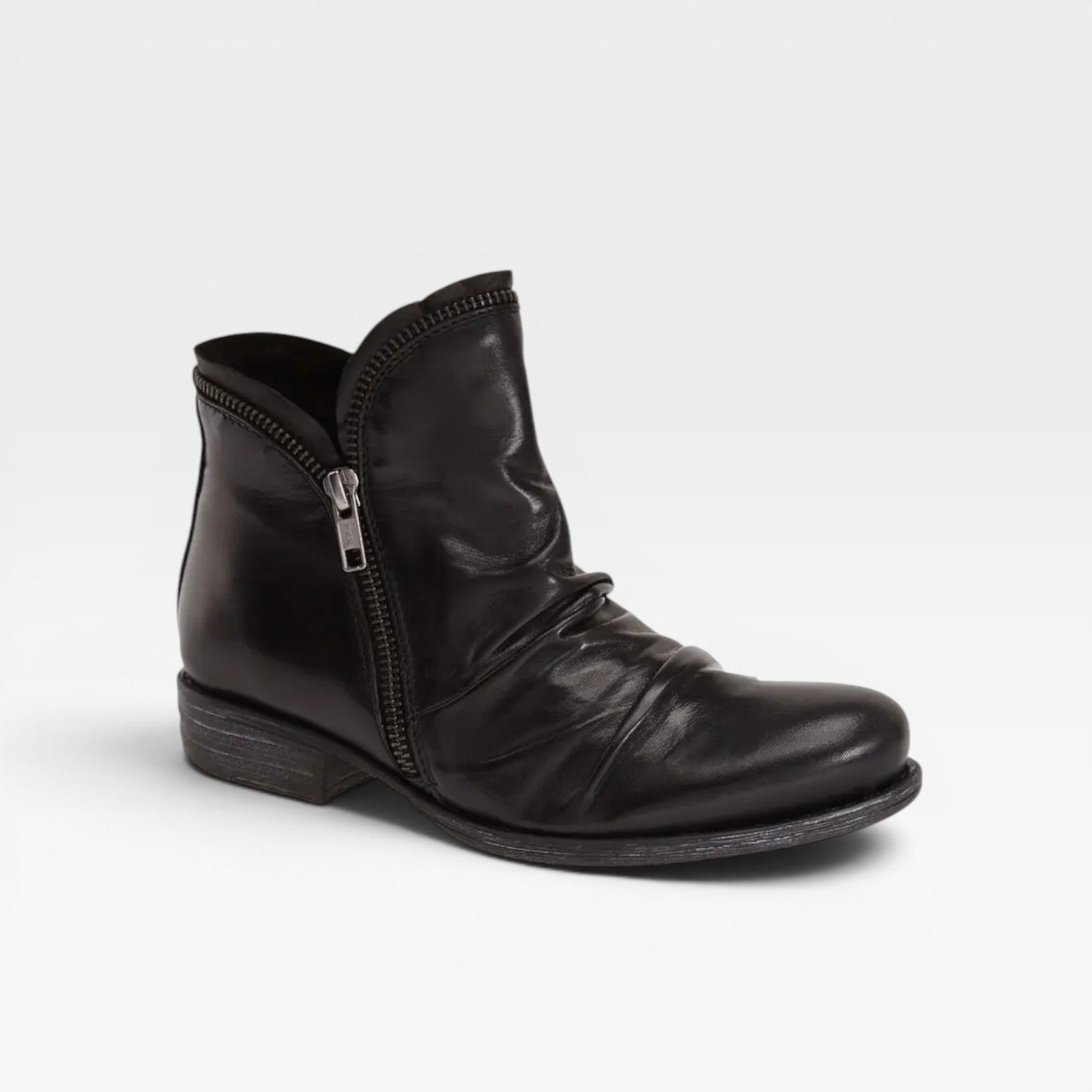 Slouchy Ankle Boots, Side Zip Low Block Heel Leather