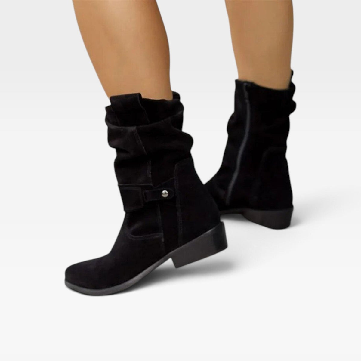 Boho Suede Ankle Boots, Tab Strap and Low Block Heel
