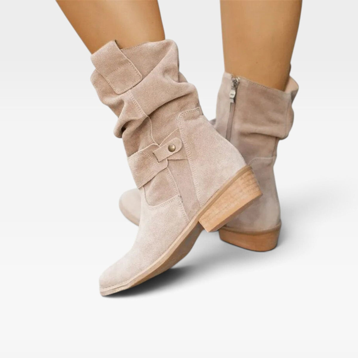 Boho Suede Ankle Boots, Tab Strap and Low Block Heel
