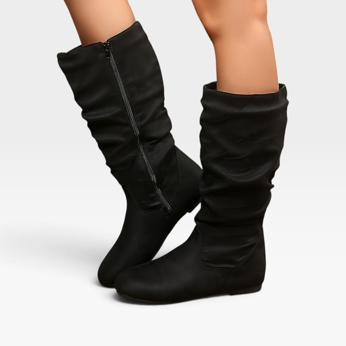 Mid Calf Slouch Boots, Hidden Wedge Sole and Side Zip