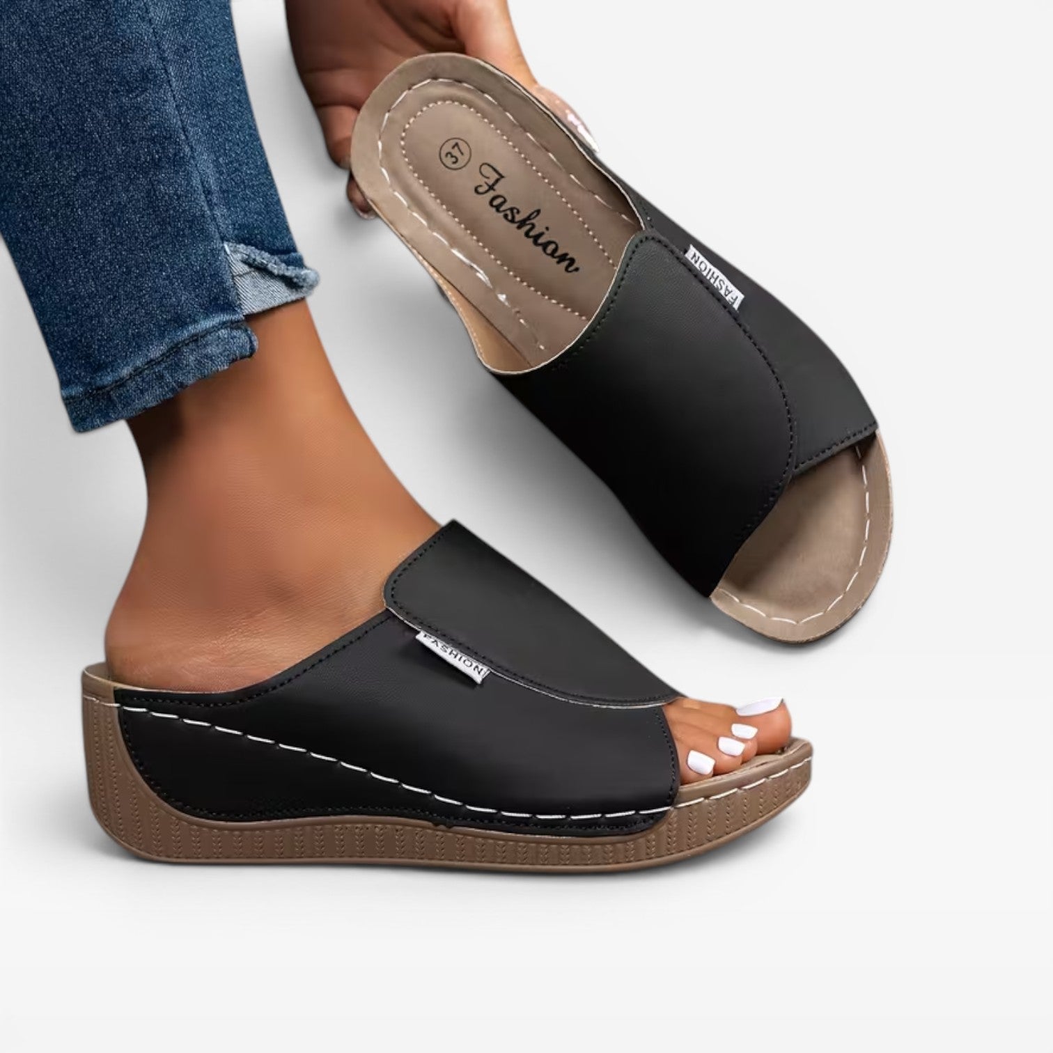 Leather Wedge Slide Sandals, Open Toe Cushioned Footbed