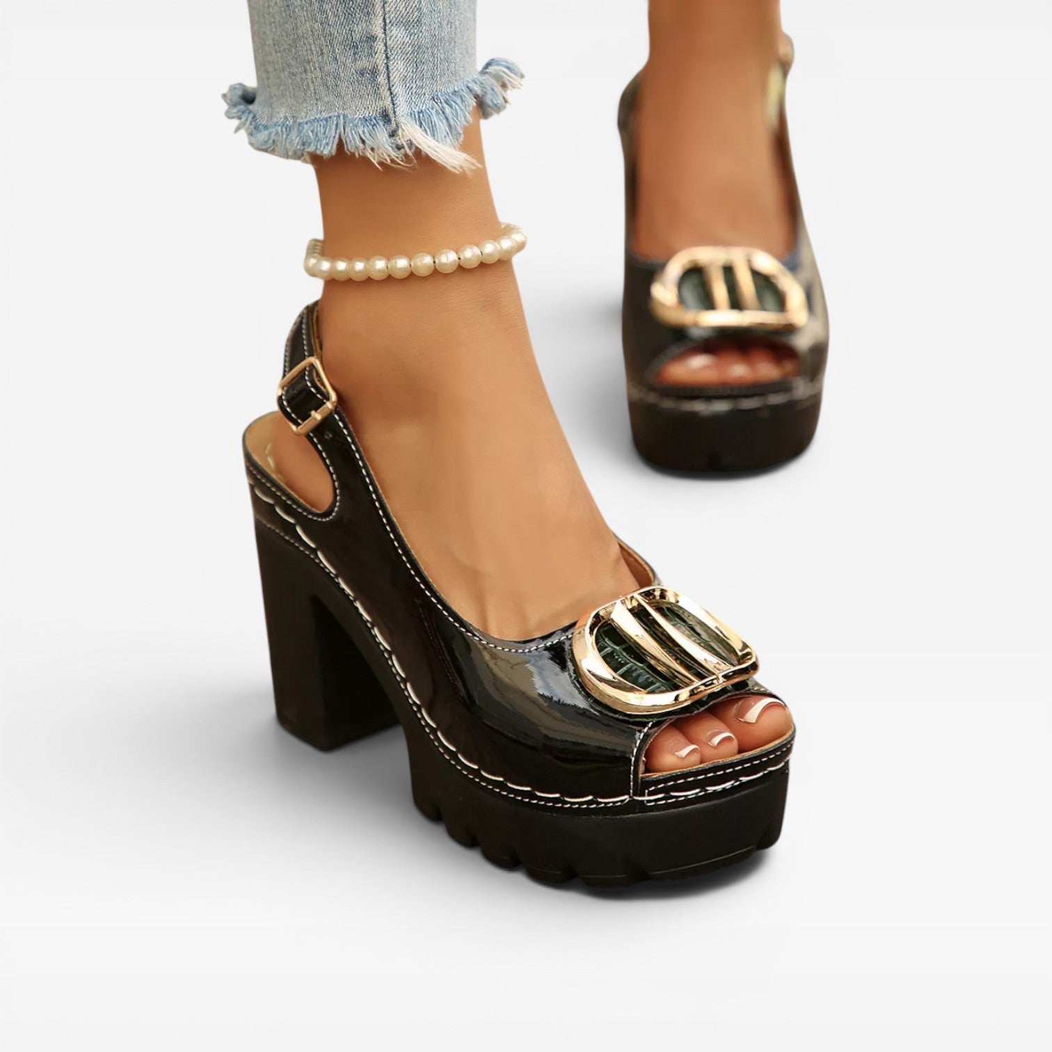Chunky Platform Block Heel Sandals, Patent Peep Toe