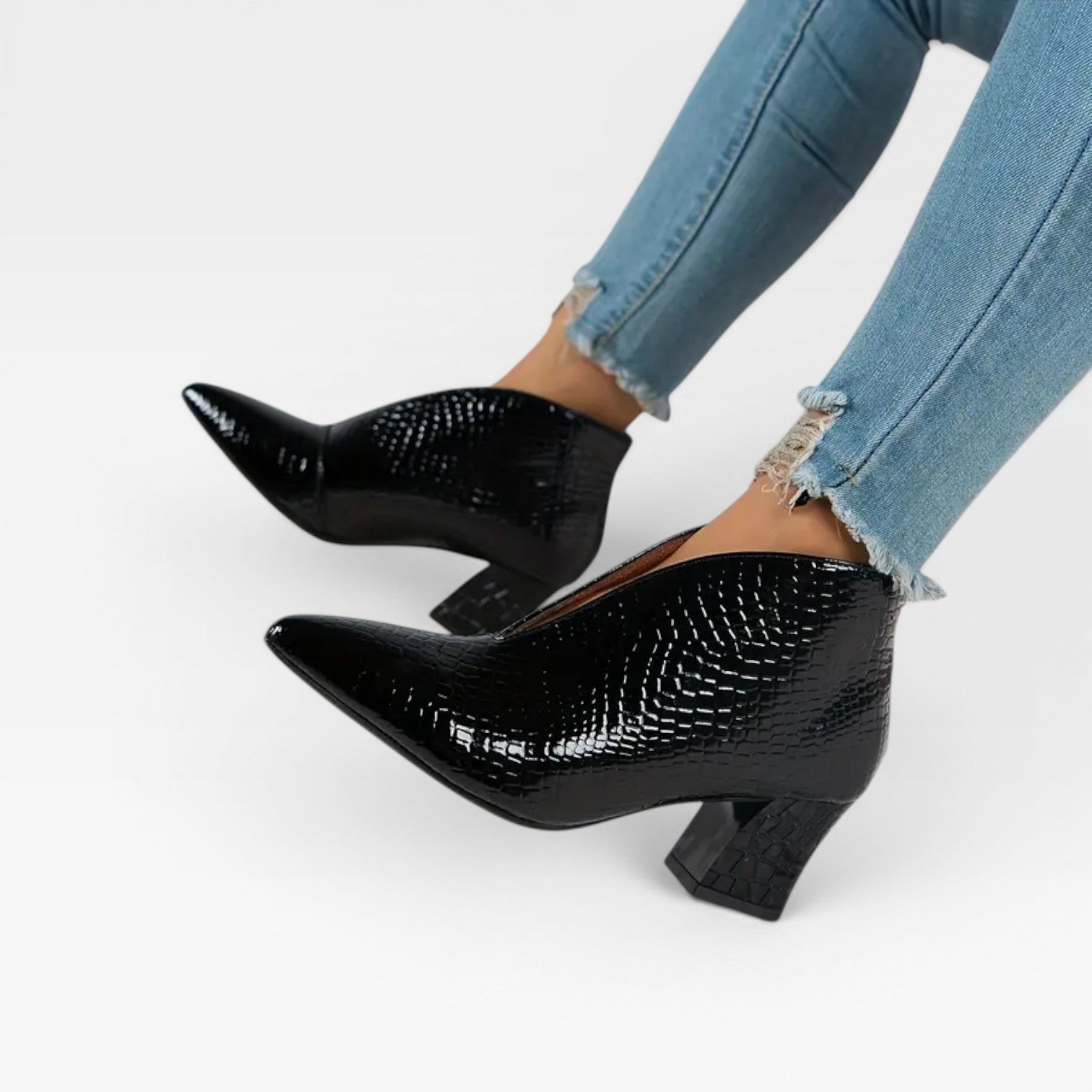 Croc Effect Ankle Boots, Pointed Toe Heeled Booties