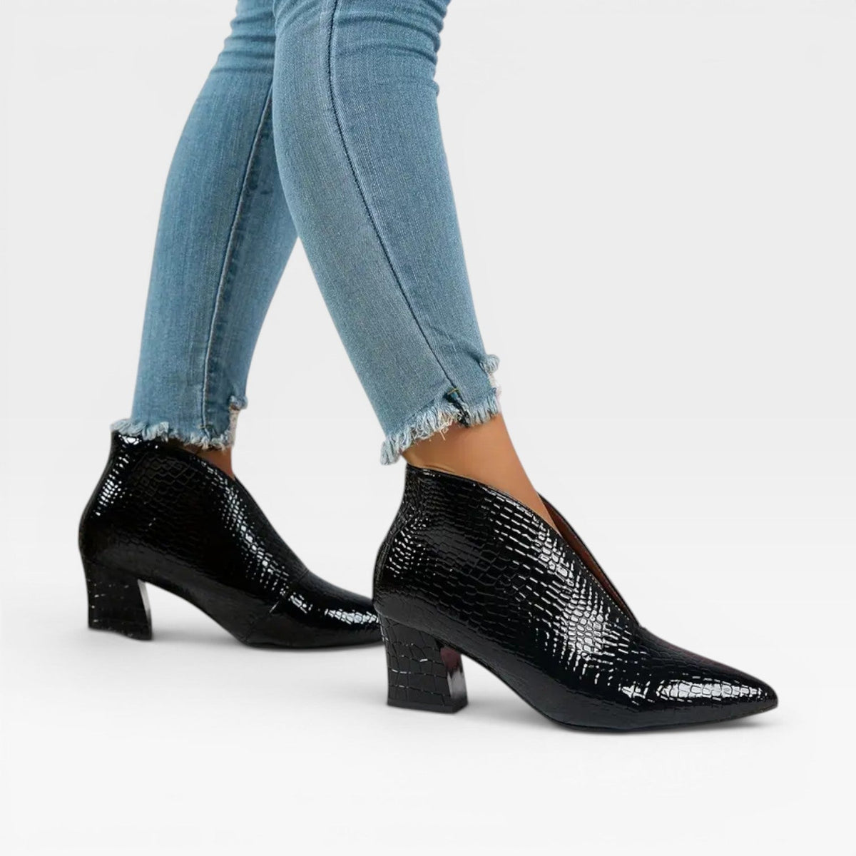 Croc Effect Ankle Boots, Pointed Toe Heeled Booties