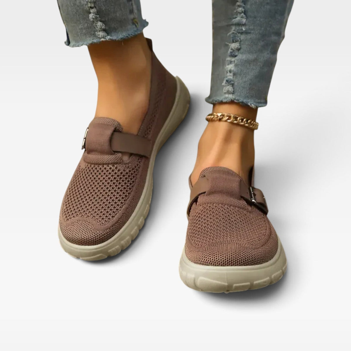 Knit Slip On Sneakers, Cushioned Platform Buckle Trim