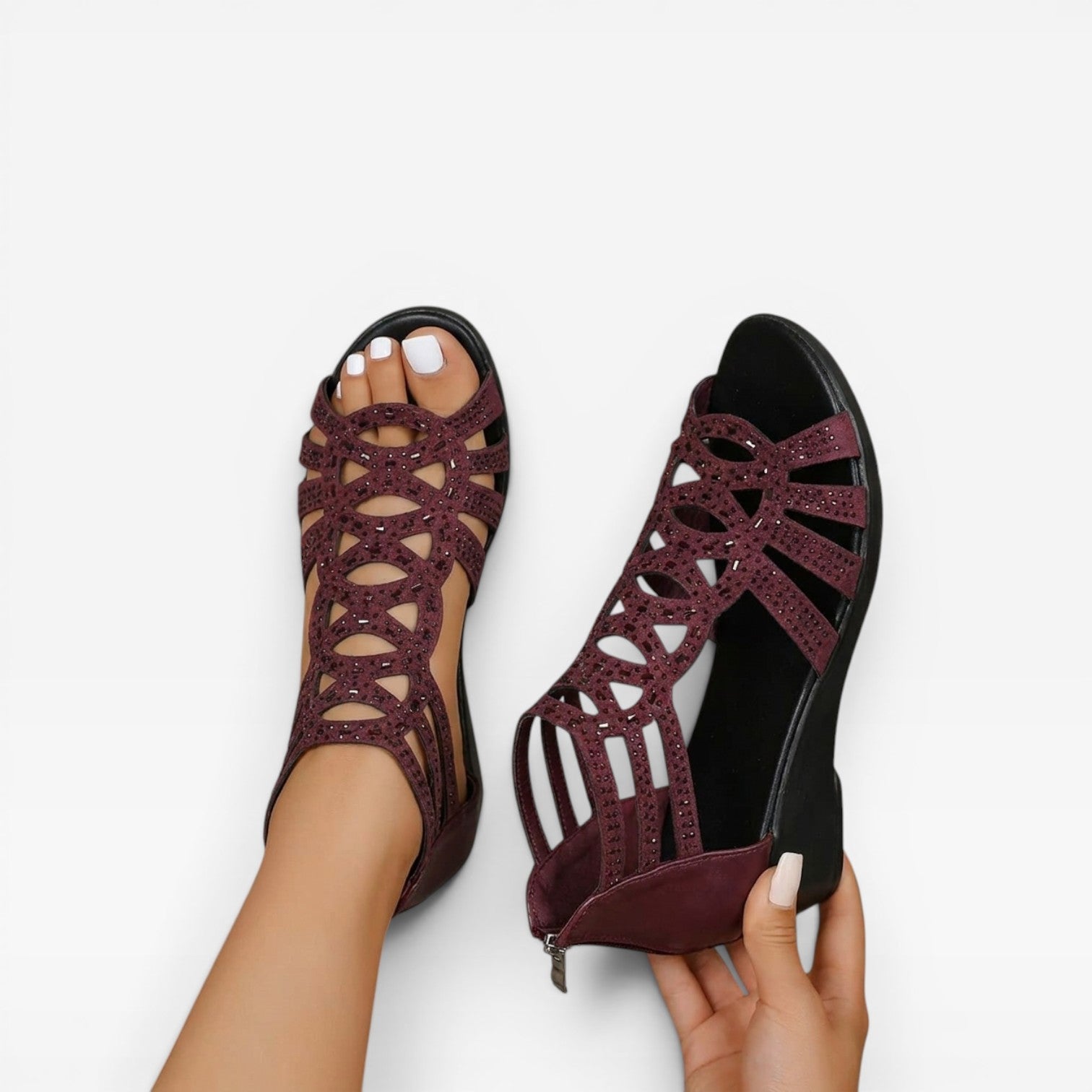 Crystal Gladiator Wedge Sandals, Back Zip Woven Strap