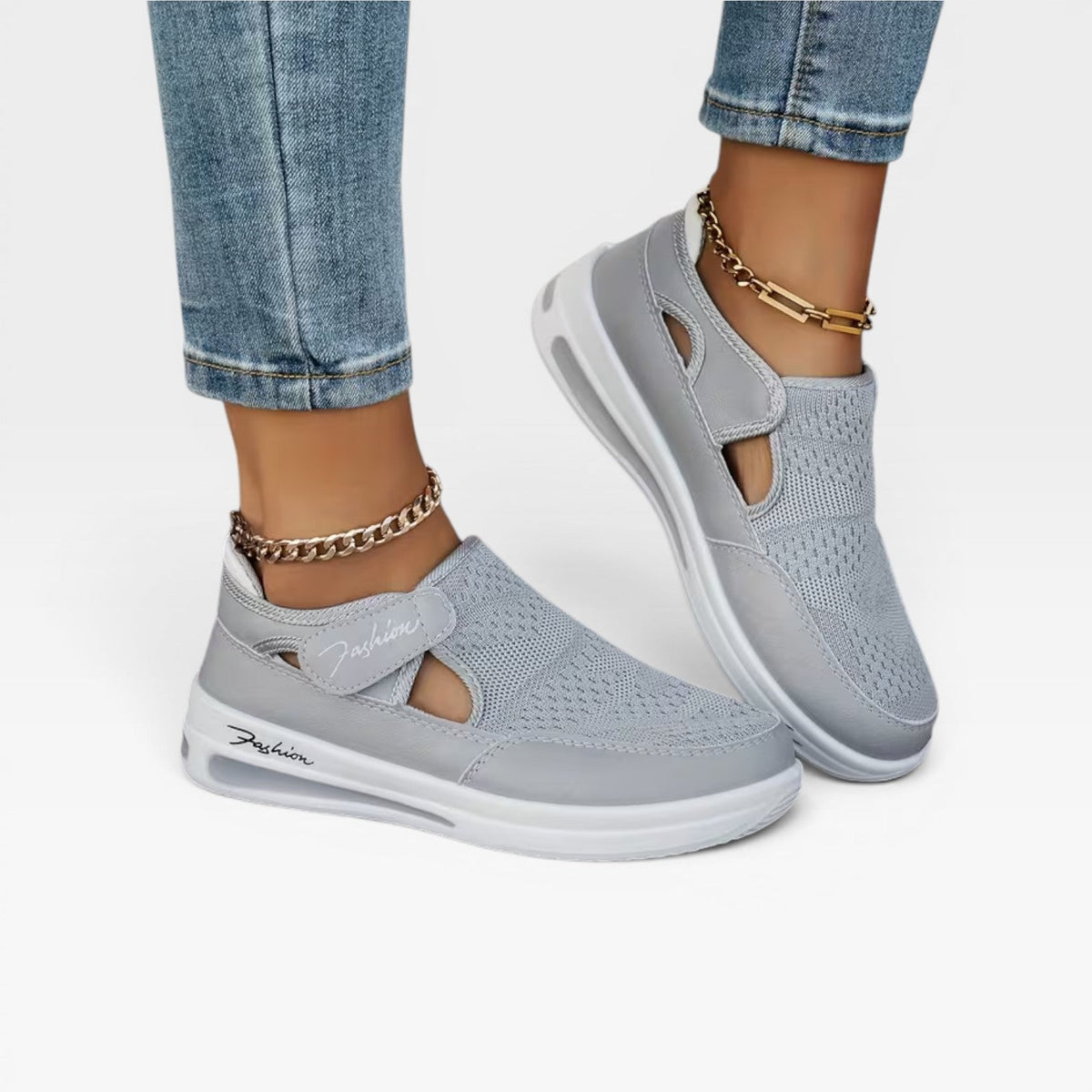 Velcro Strap Platform Trainers, Cutout Mesh Walk Shoes