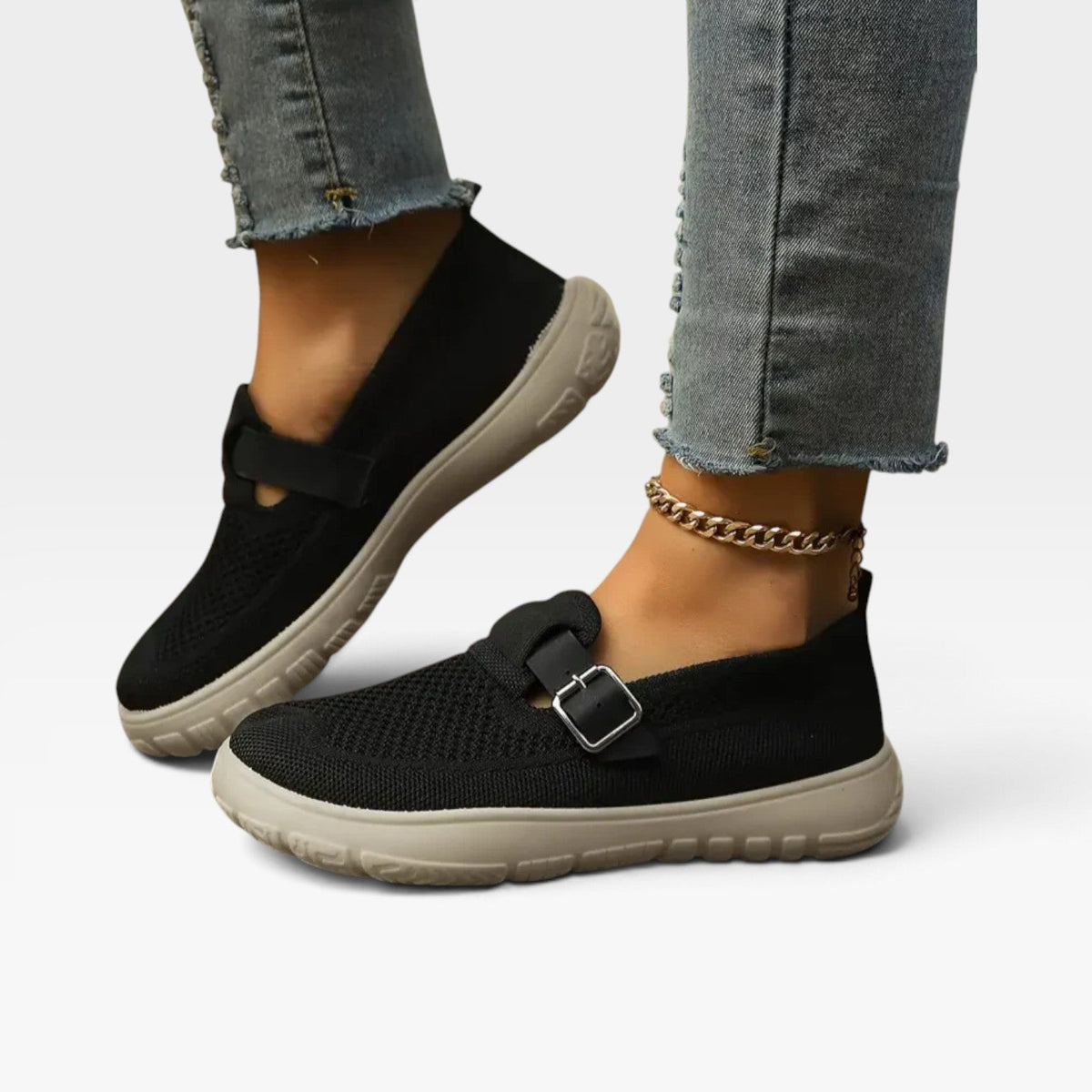 Knit Slip On Sneakers, Cushioned Platform Buckle Trim