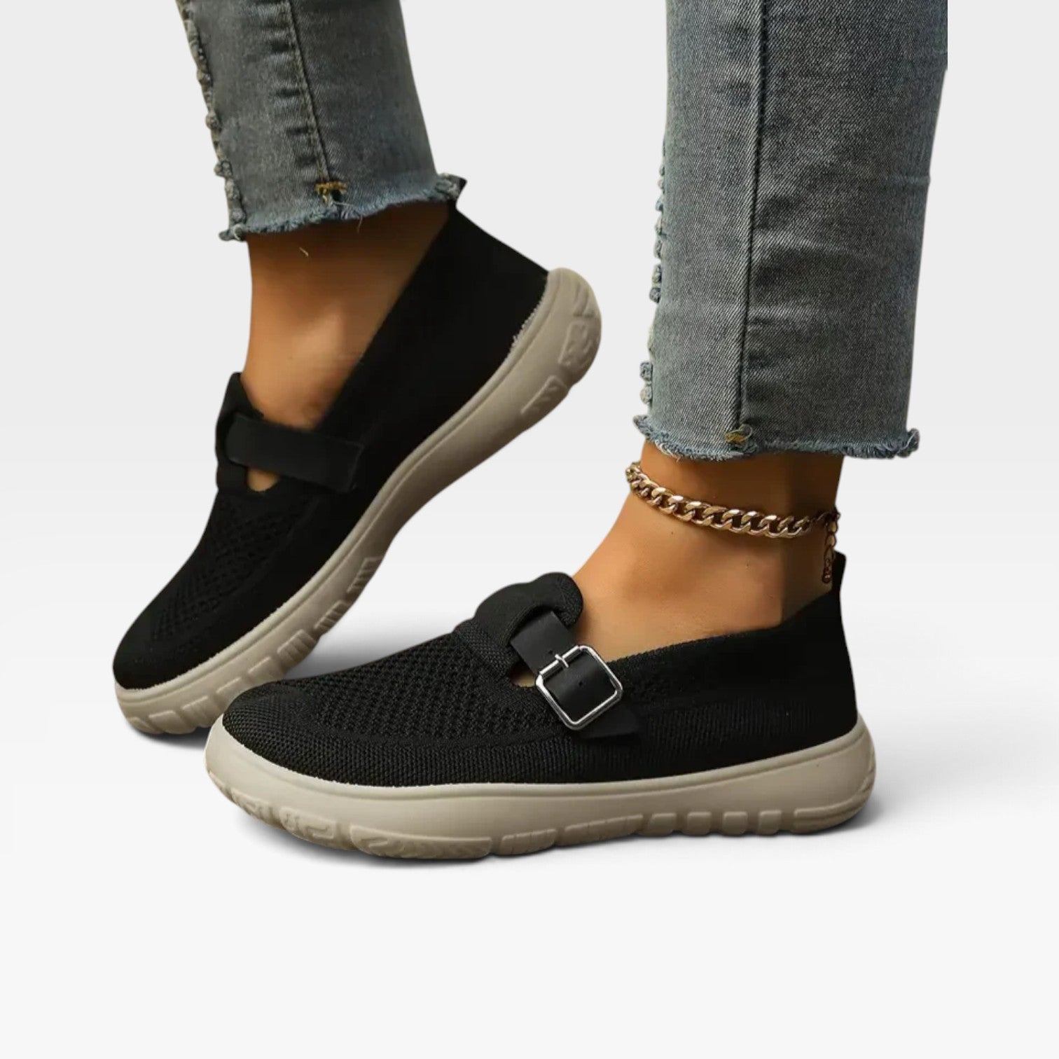 Knit Slip On Sneakers, Cushioned Platform Buckle Trim