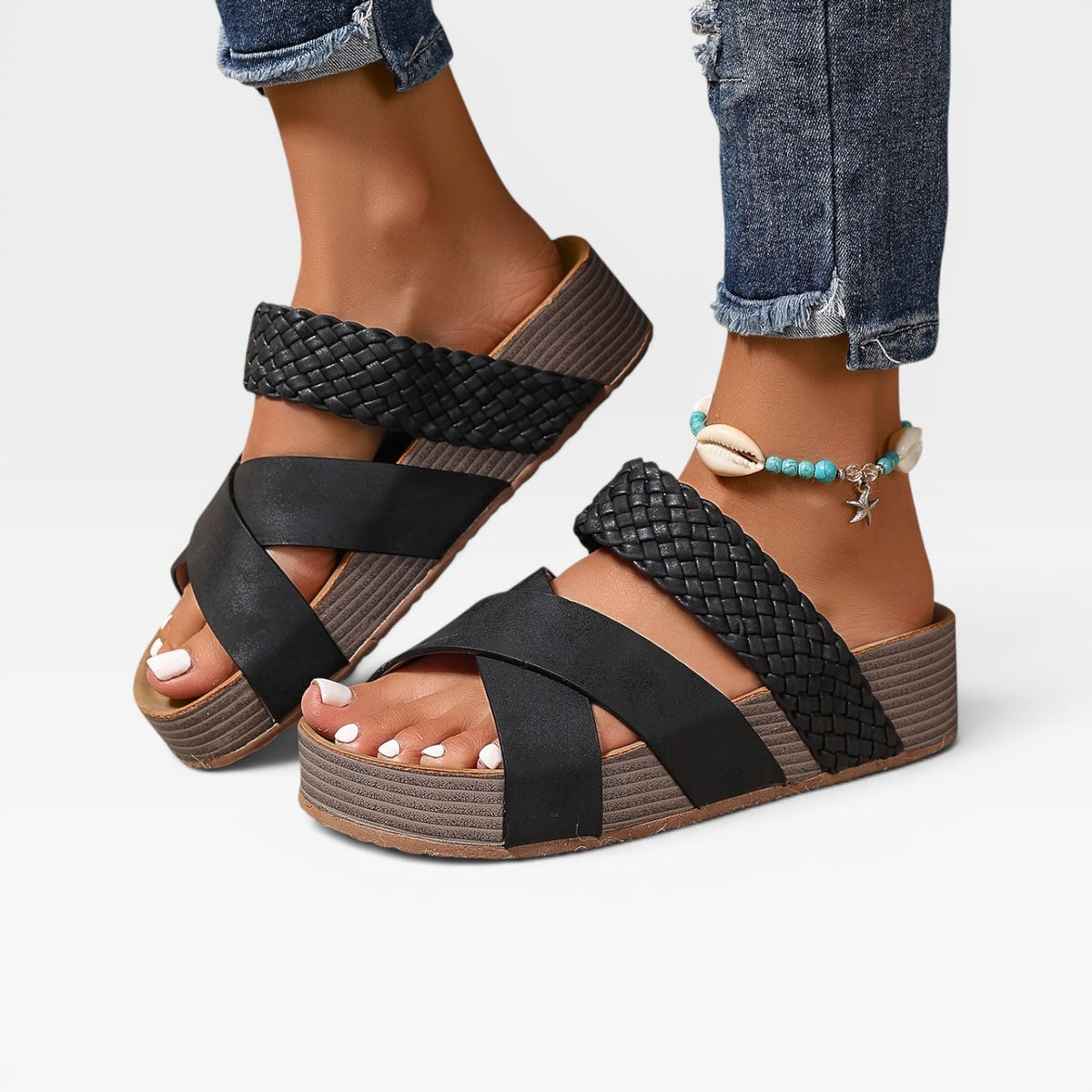Woven Cross Strap Wedge Sandals, Leather Open Toe Mules