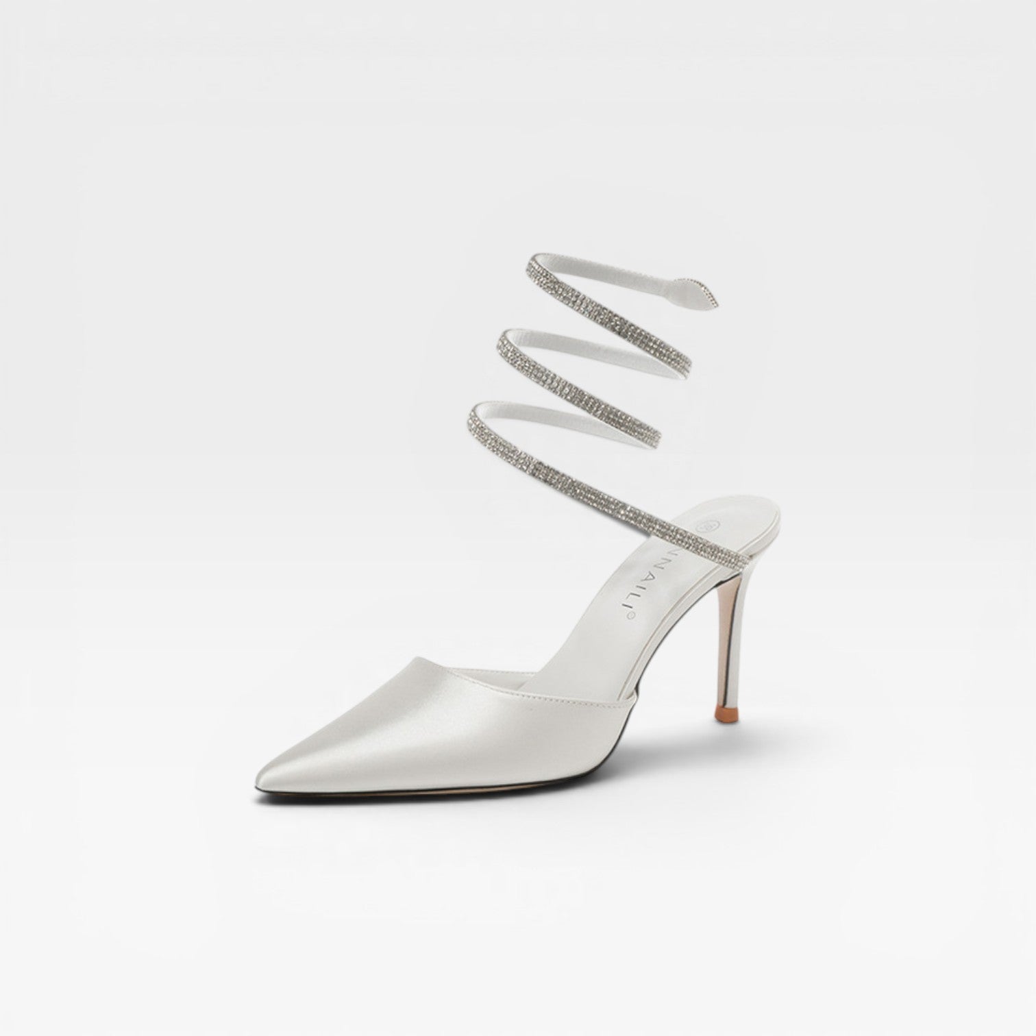 Crystal Ankle Wrap Heels, Satin Pointed Toe Stiletto