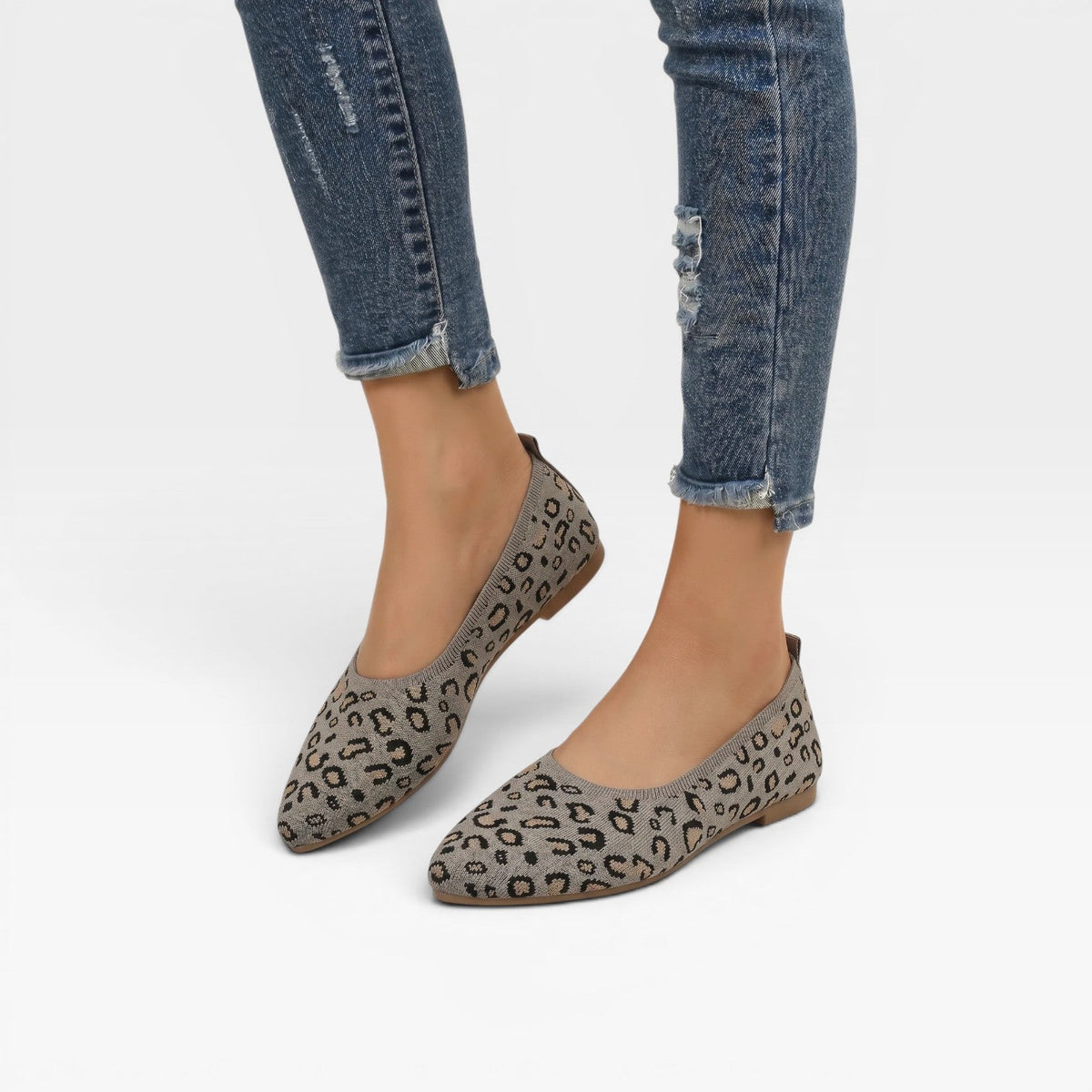 Knit Ballet Flats, Pointed Toe Leopard Print Slip Ons