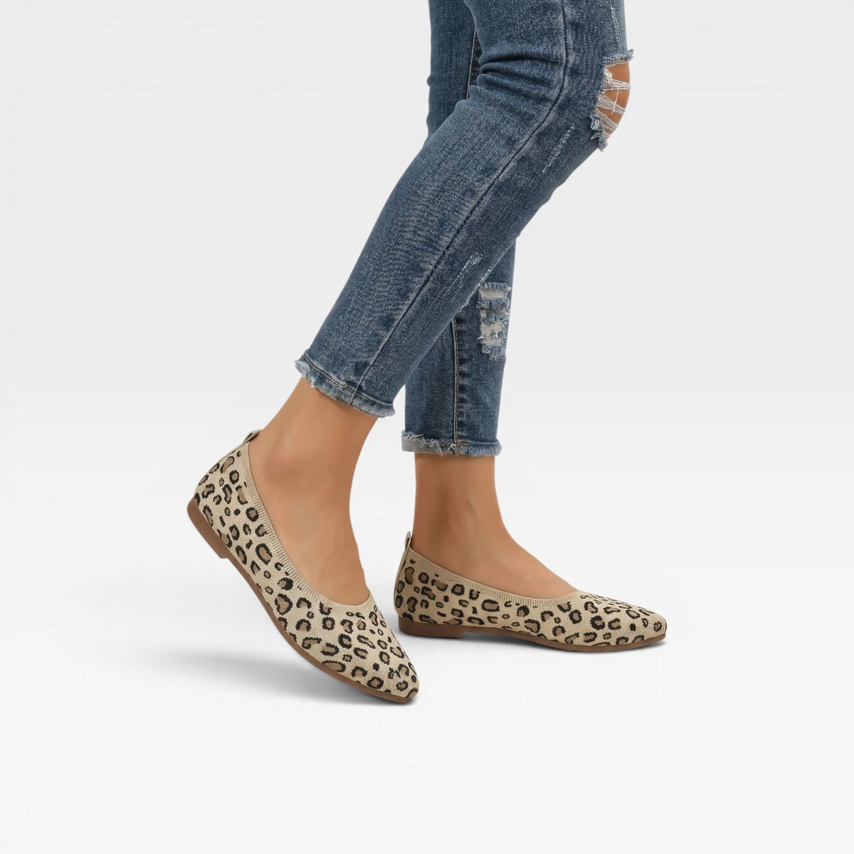 Knit Ballet Flats, Pointed Toe Leopard Print Slip Ons