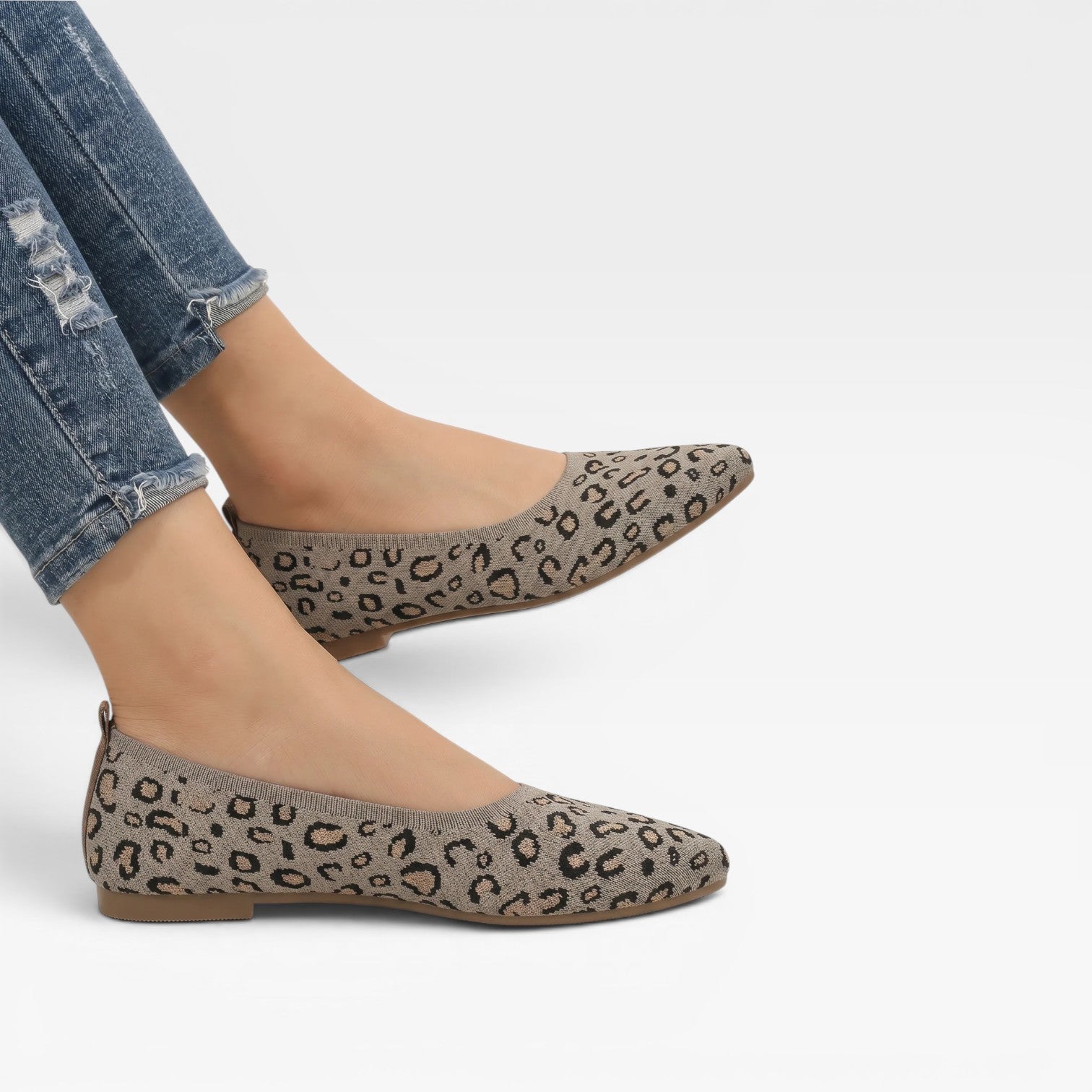 Knit Ballet Flats, Pointed Toe Leopard Print Slip Ons
