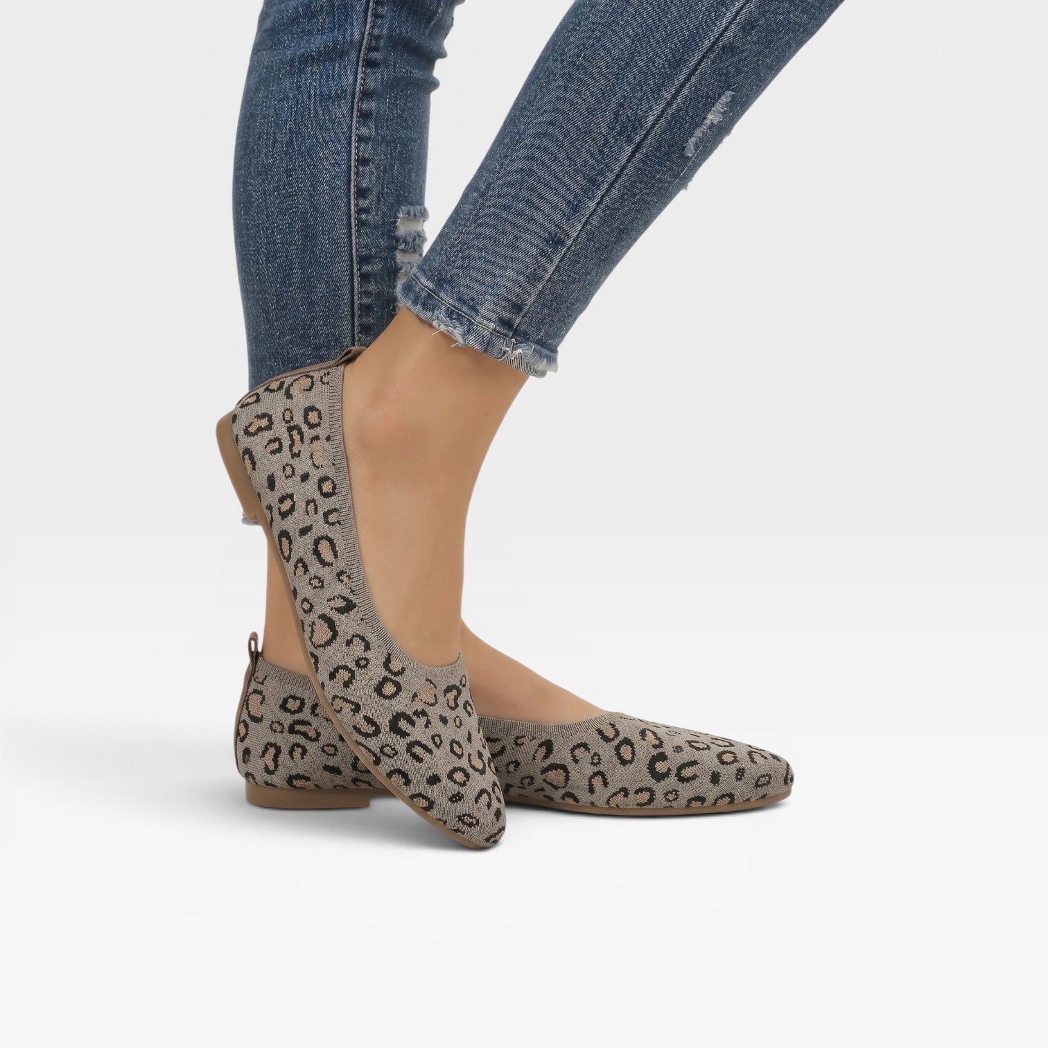 Knit Ballet Flats, Pointed Toe Leopard Print Slip Ons
