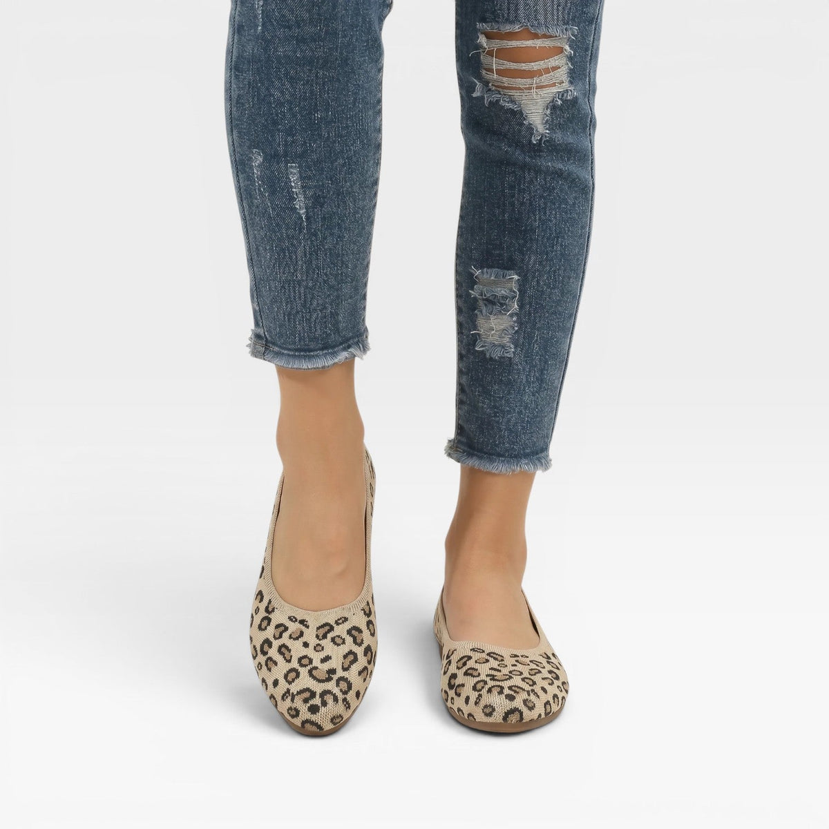 Knit Ballet Flats, Pointed Toe Leopard Print Slip Ons