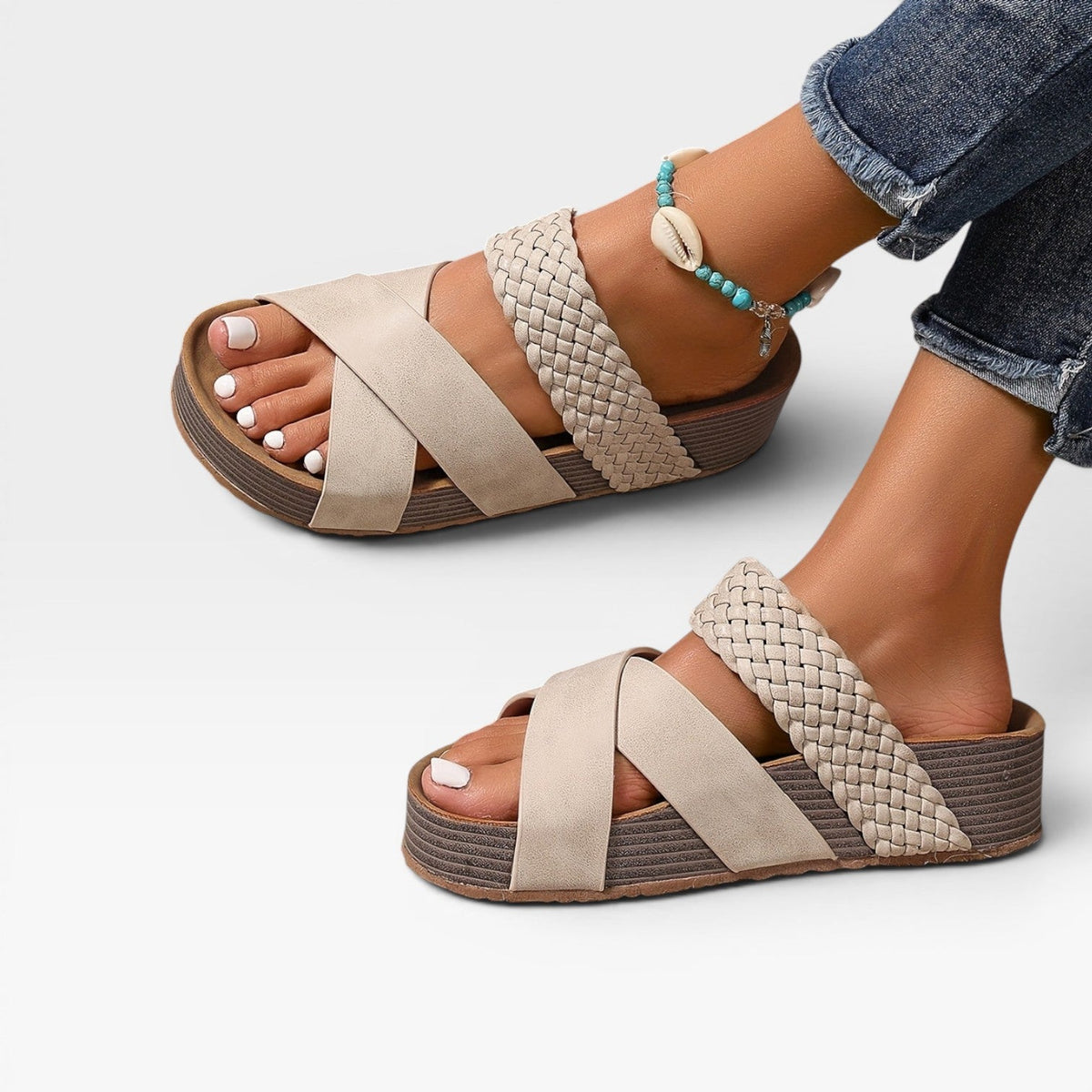 Woven Cross Strap Wedge Sandals, Leather Open Toe Mules