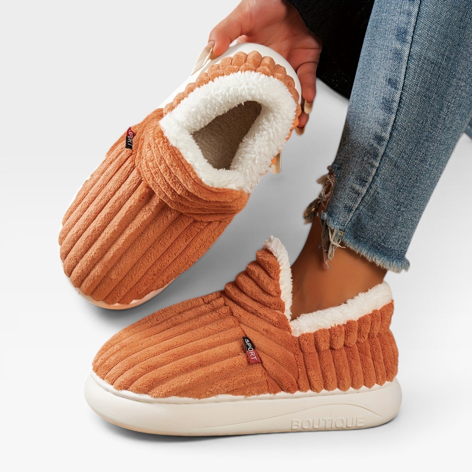 Corduroy Slipper Boots, Fleece Lined Slip On House Shoe