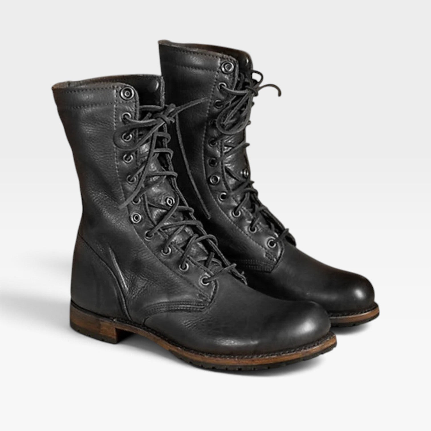 Leather Look Lace-Up Combat Boots, Low Block Rubber Sole