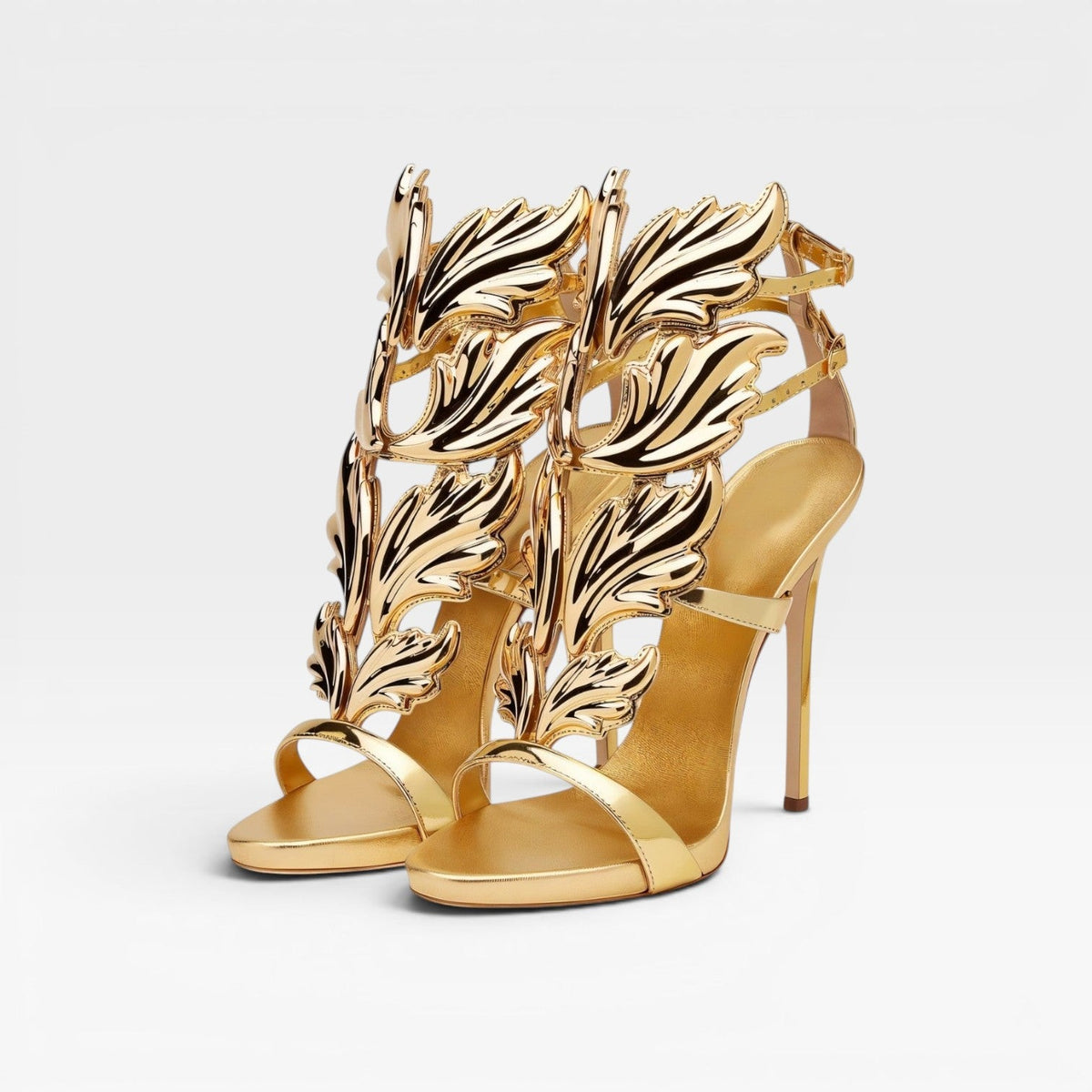 Sculptural Gold Strappy Sandals, Tall Stiletto Heels