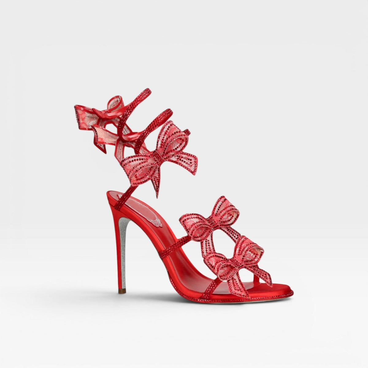 Crystal Bow Sandals, Satin Wrap Ankle Square Toe Heel