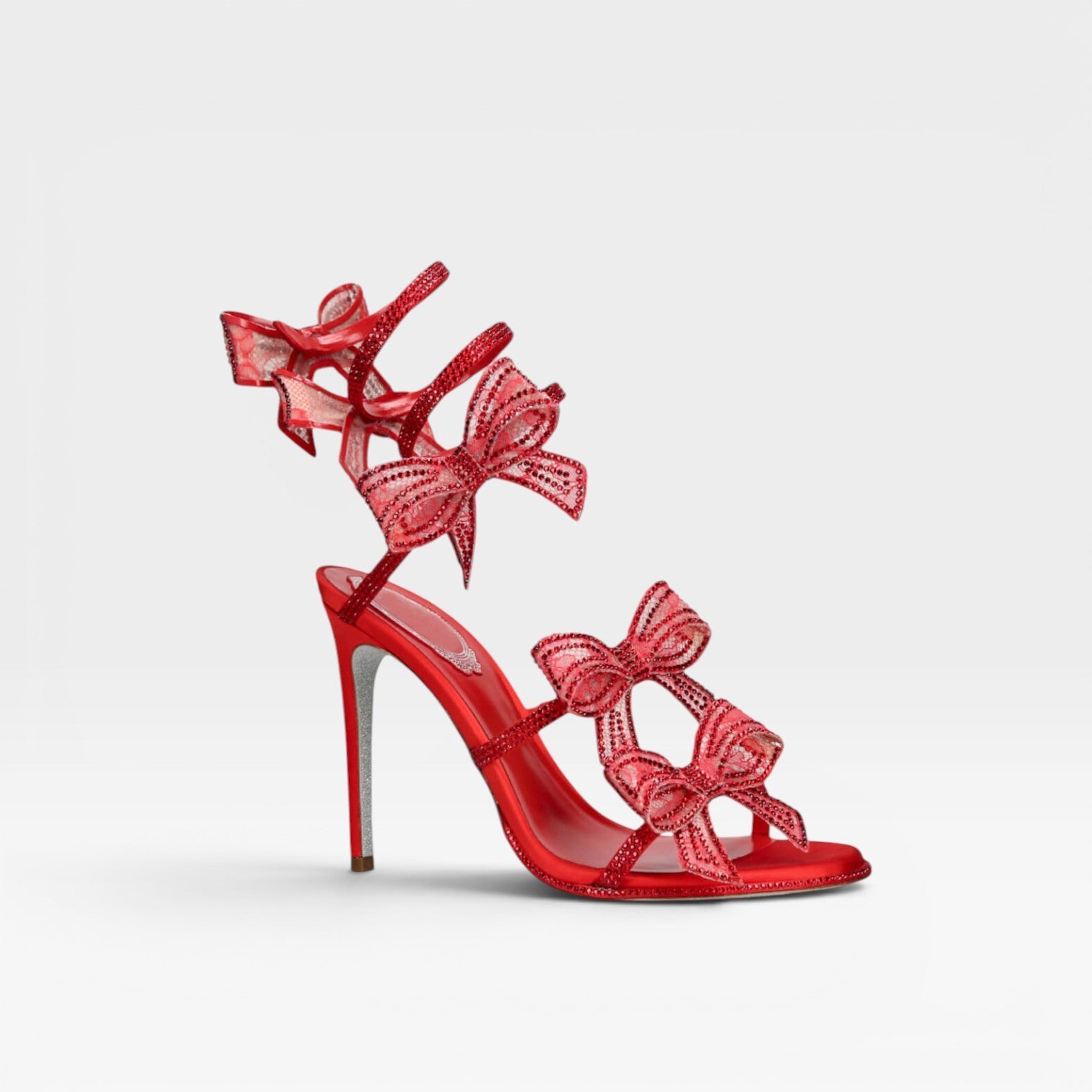 Crystal Bow Sandals, Satin Wrap Ankle Square Toe Heel