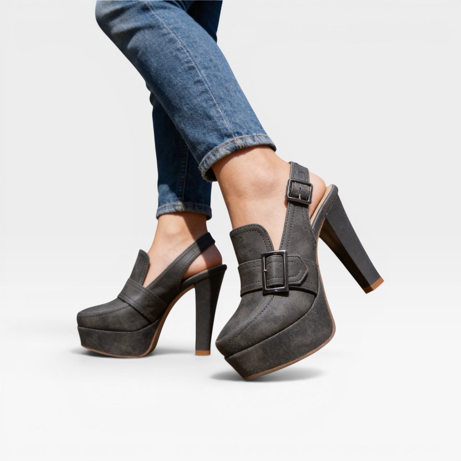 Block Heel Slingback Court Shoes, Retro Buckle Strap